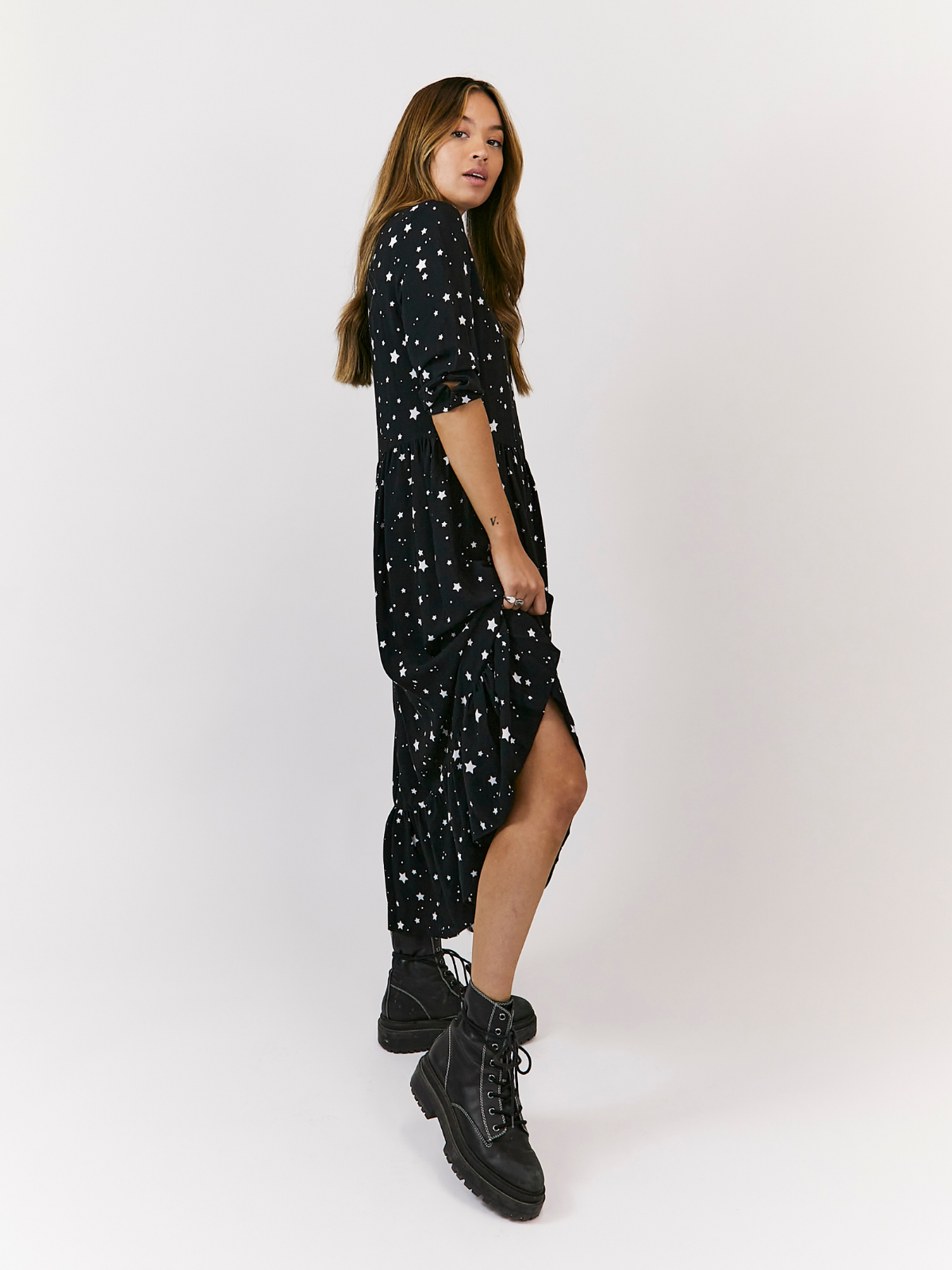 Hallie Midi Smock Long Sleeve Dress / Star Print