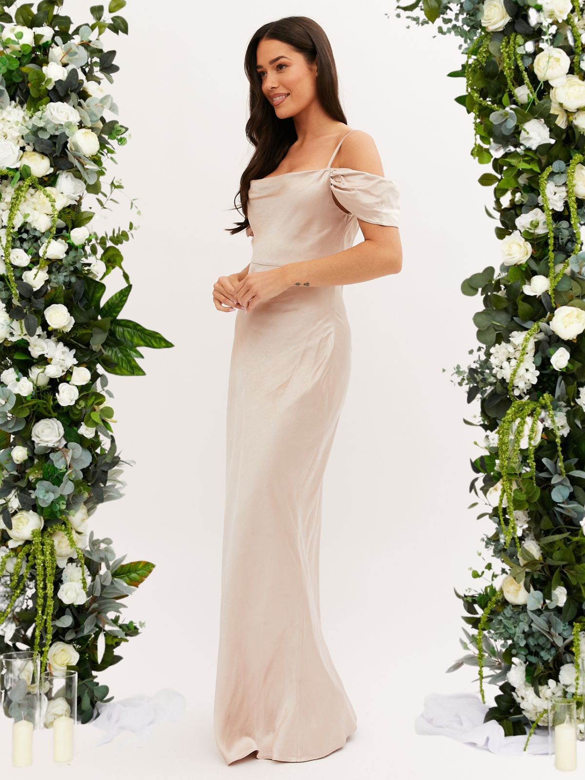 Cowl Neck Maxi Satin Bridesmaid Dress Champagne1