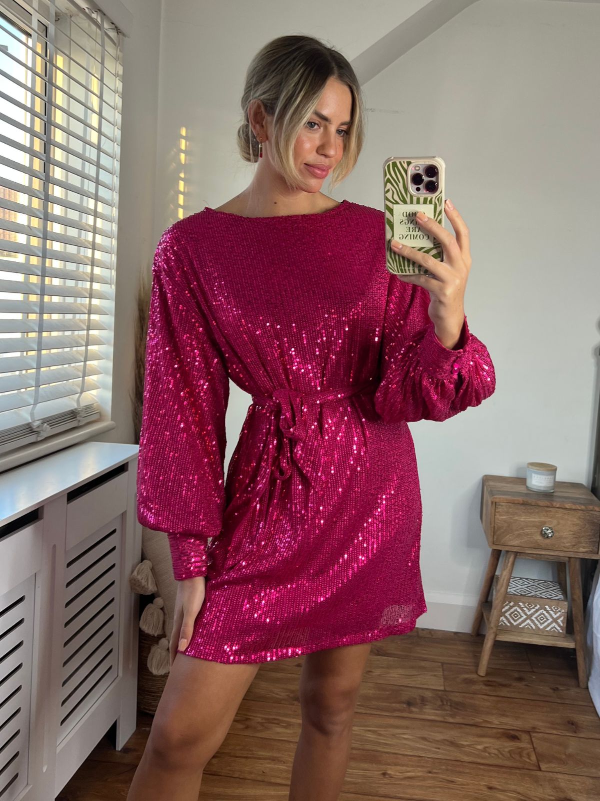 Skylar Balloon Sleeve Mini Dress / Hot Pink