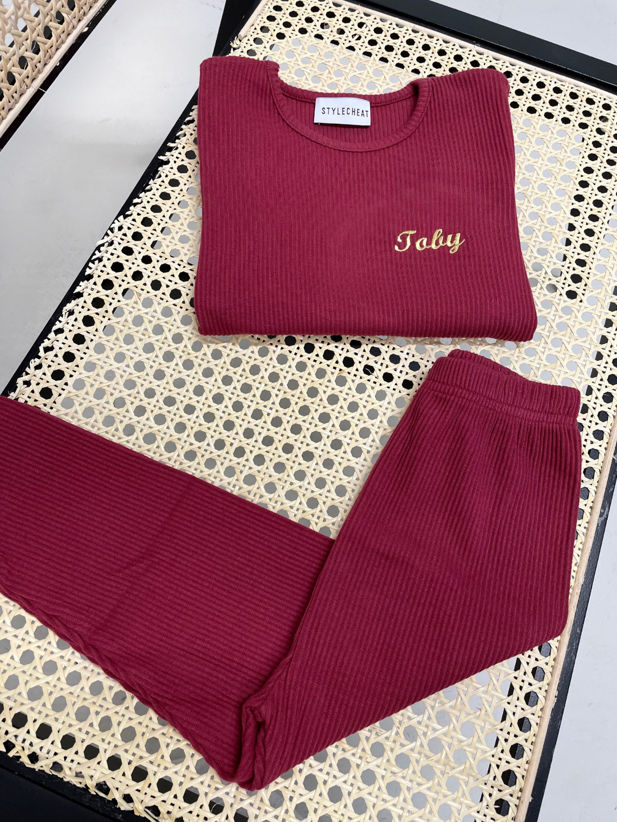 Kids Personalised Unisex Ribbed Jersey Loungewear Set / Mulberry