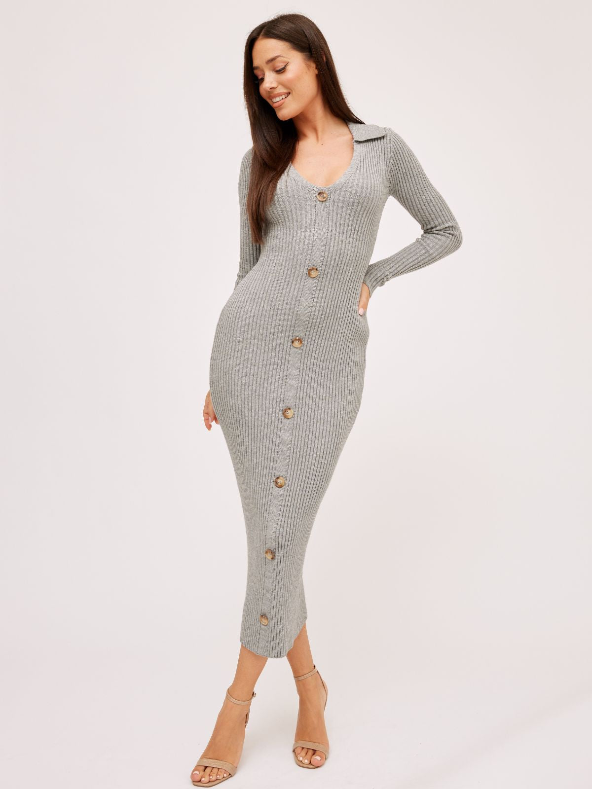 Everly Collar Knitted Midi Dress / Grey