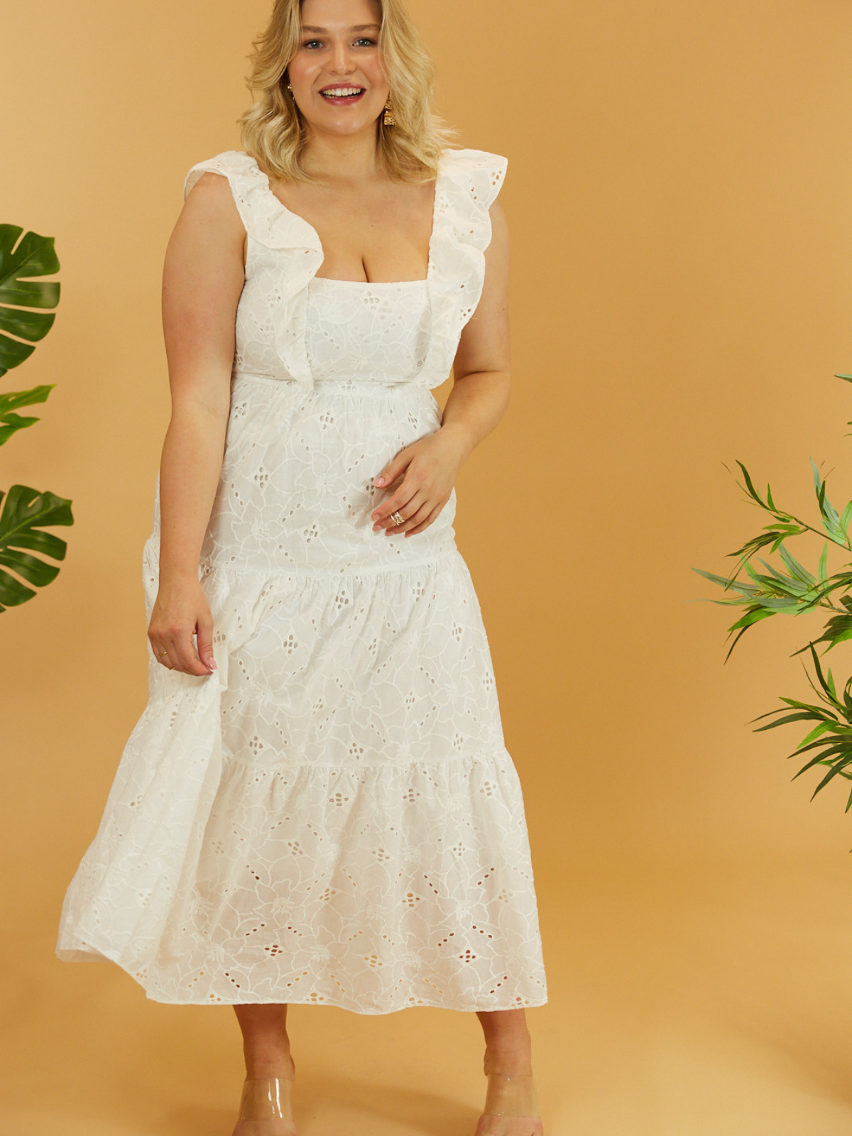 Mollie Cotton Ruffle Tiered Midi Dress /  White Broderie