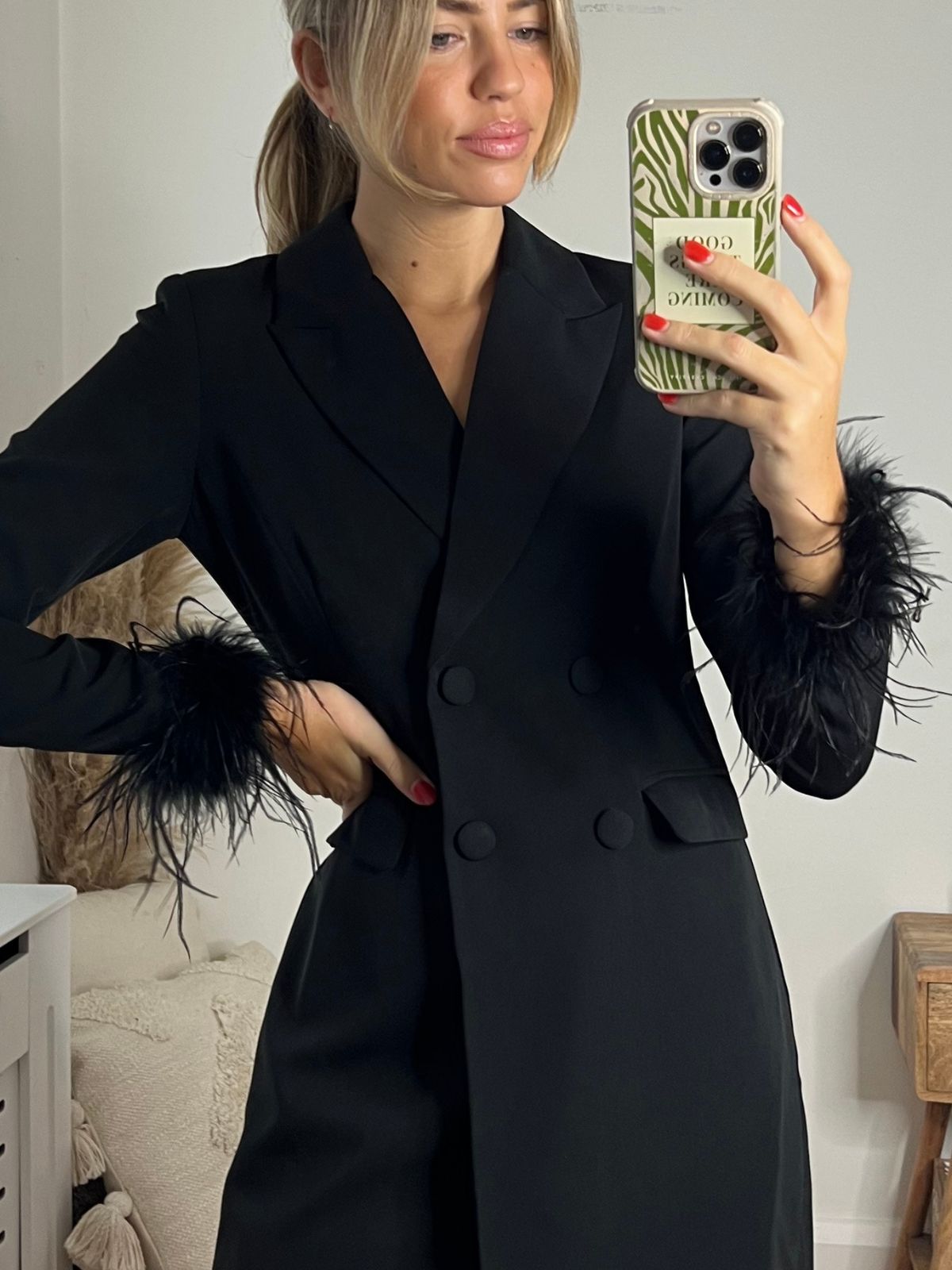 Alicia Feather Cuff Blazer Dress in Black