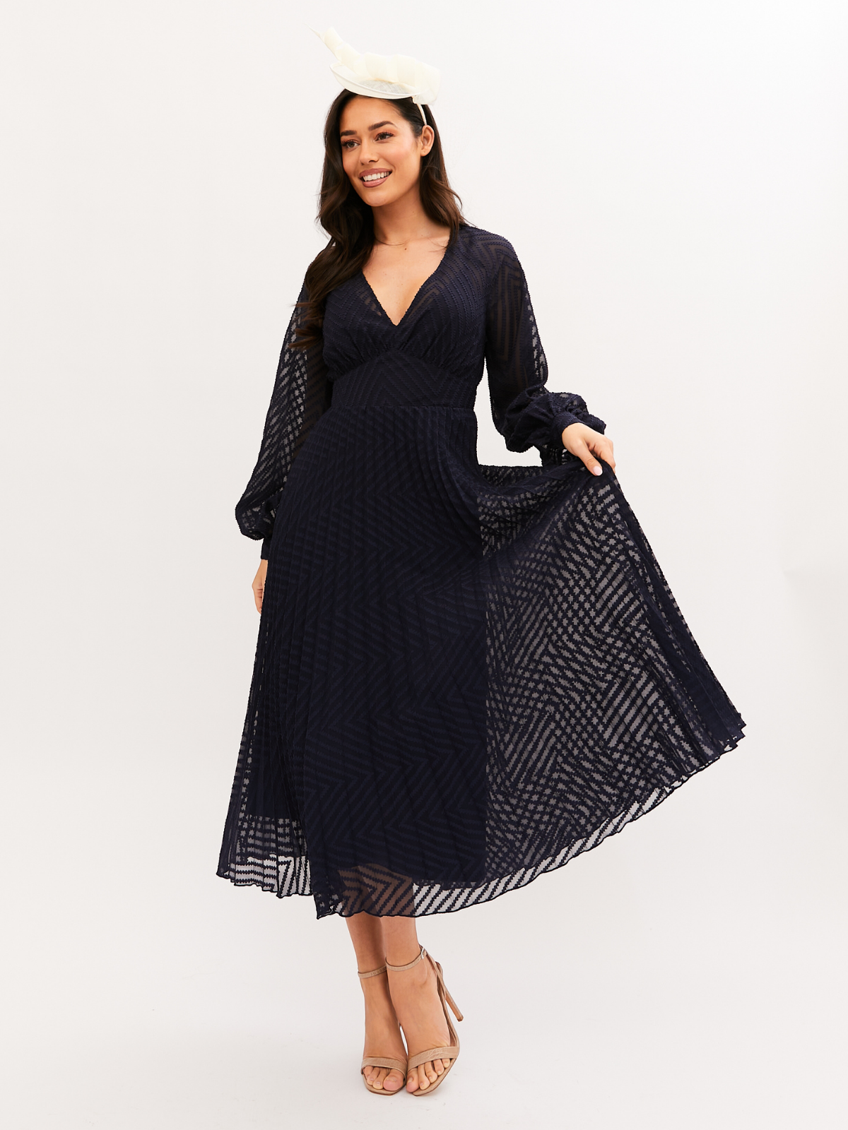 Dannica Pleated Balloon Sleeve Maxi Dress Navy