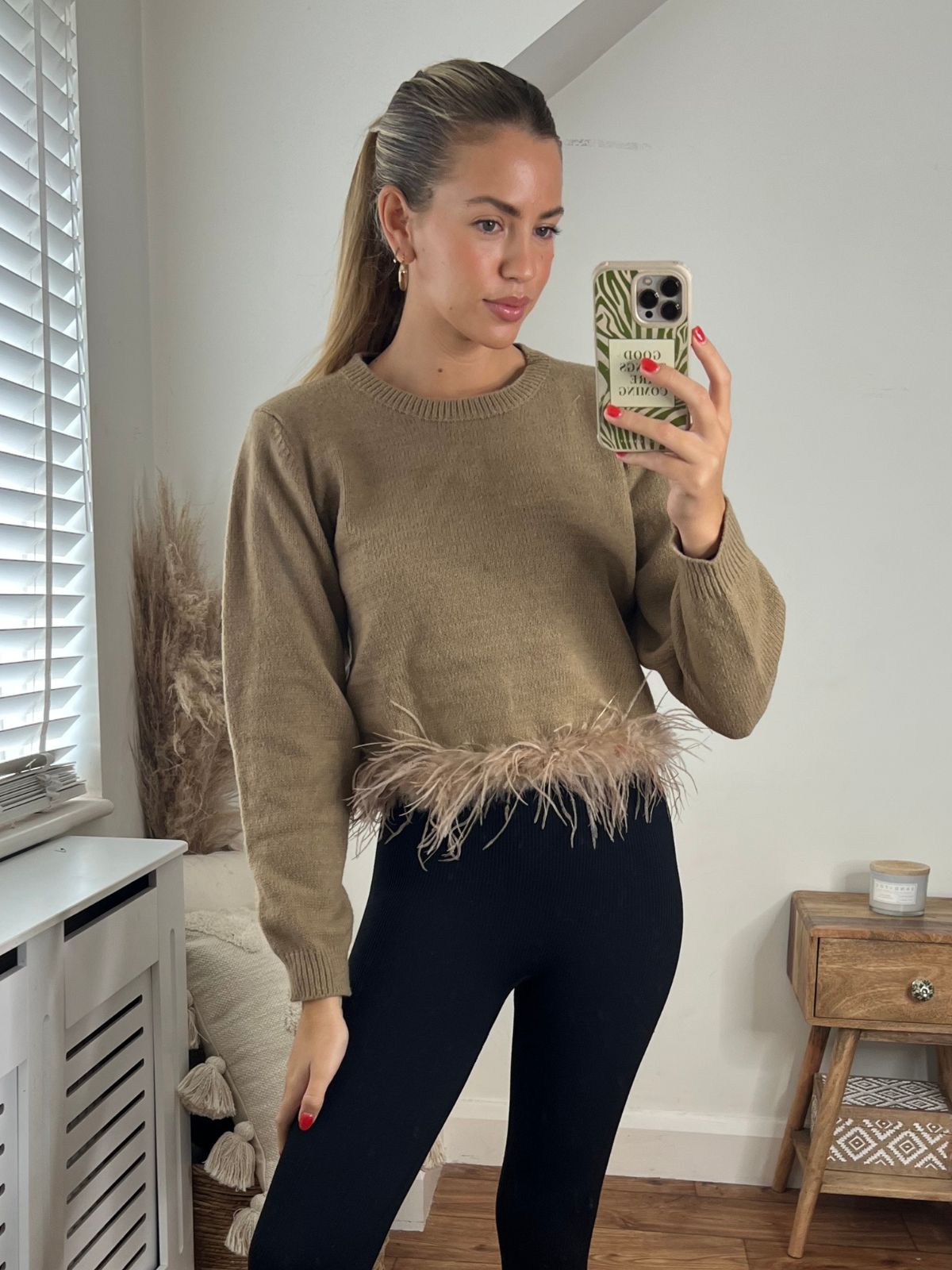Dove Knitted Feather Trim Jumper / Camel