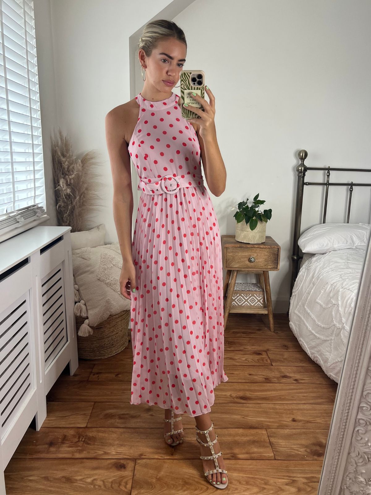 Luisa Belted Pleated Maxi Dress / Pink And Red Spot Print