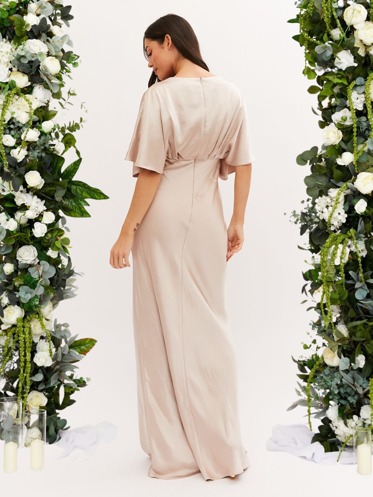 Champagne Satin Bridesmaid Dress | Angel Sleeve Maxi Dress Style Cheat Champagne Satin Bridesmaid Dress | Angel Sleeve Maxi Dress Style Cheat