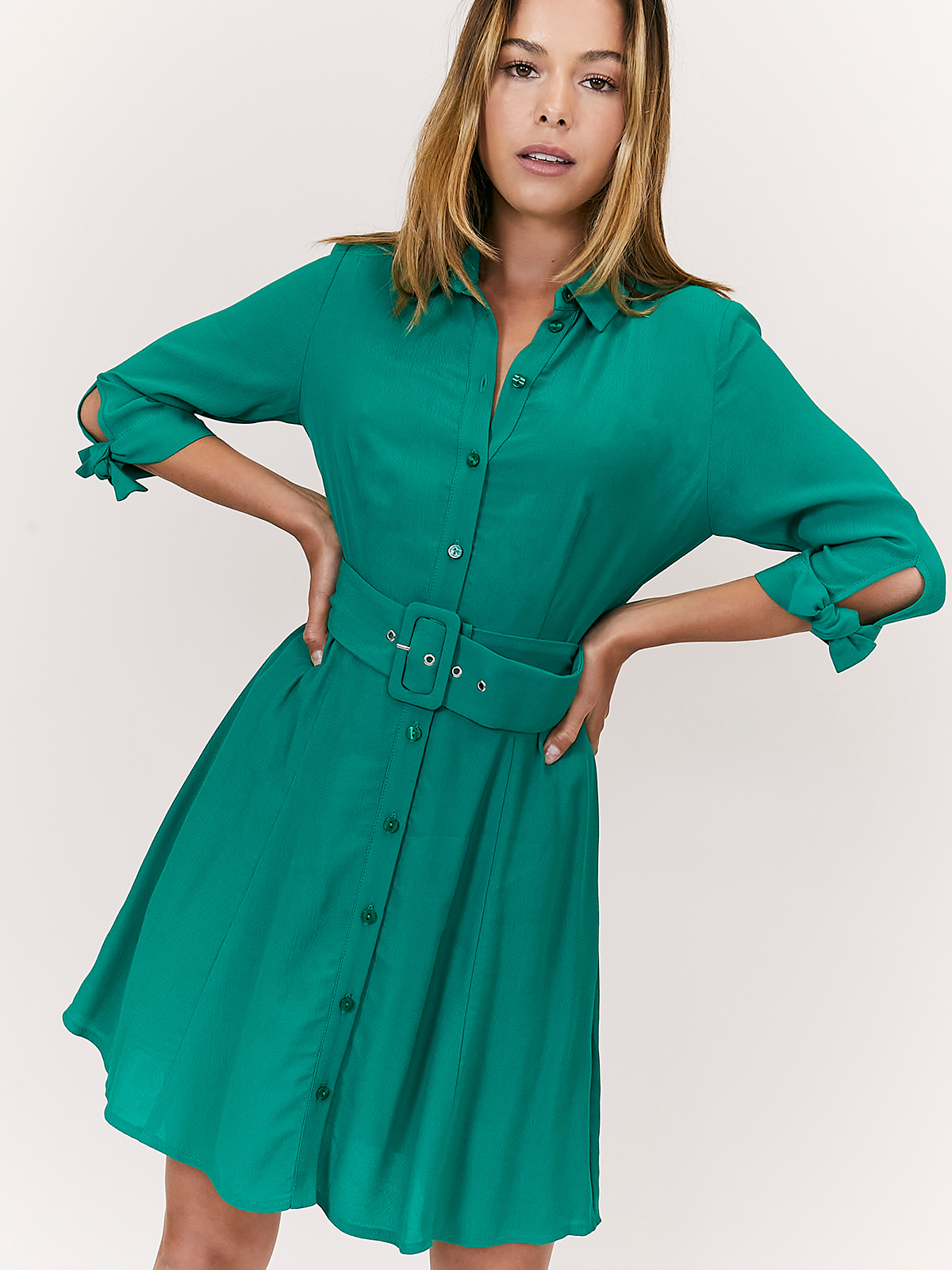 Olivia Mini Belted Shirt Dress / Green