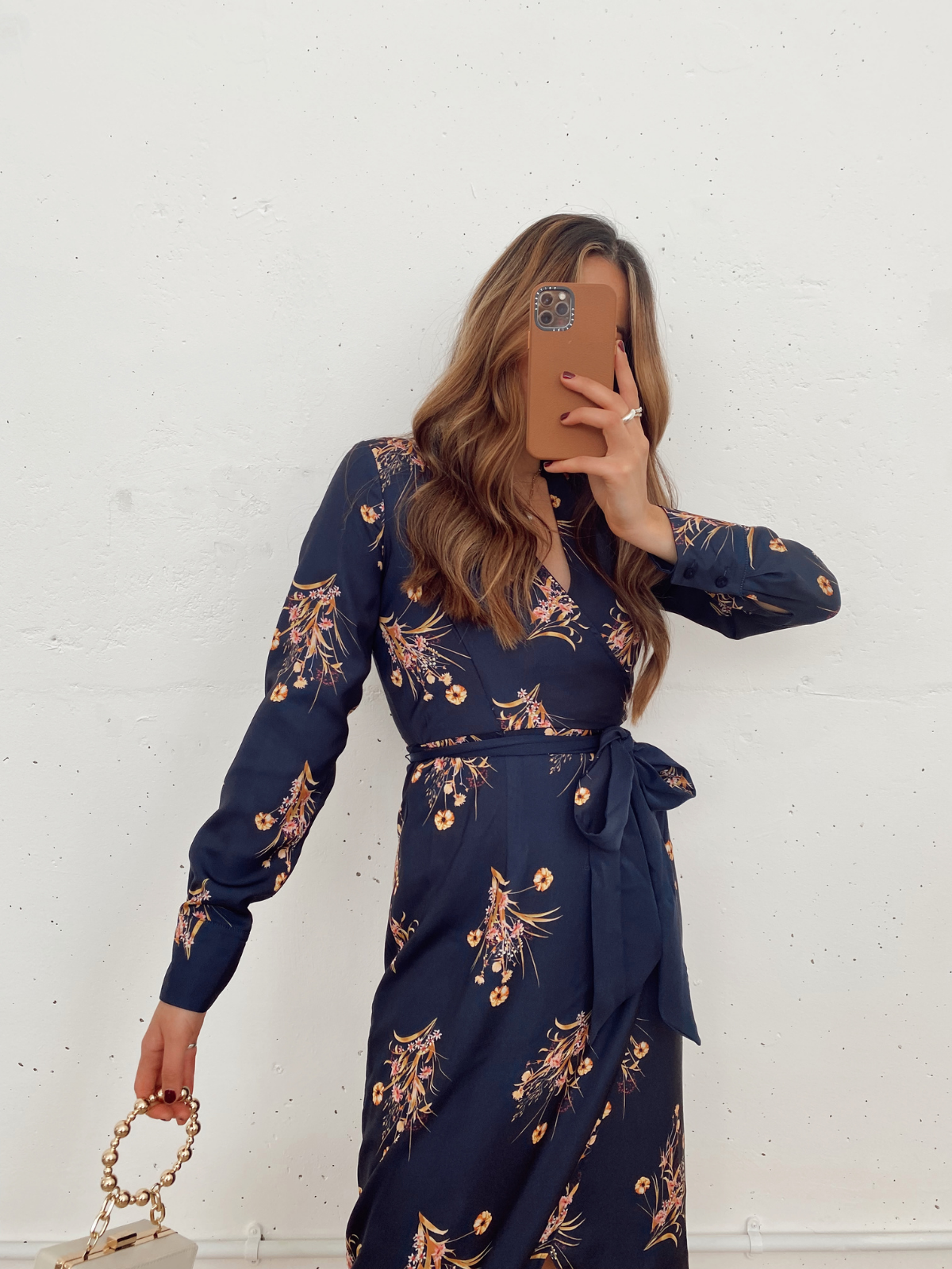 Navy blue floral wrap dress sales