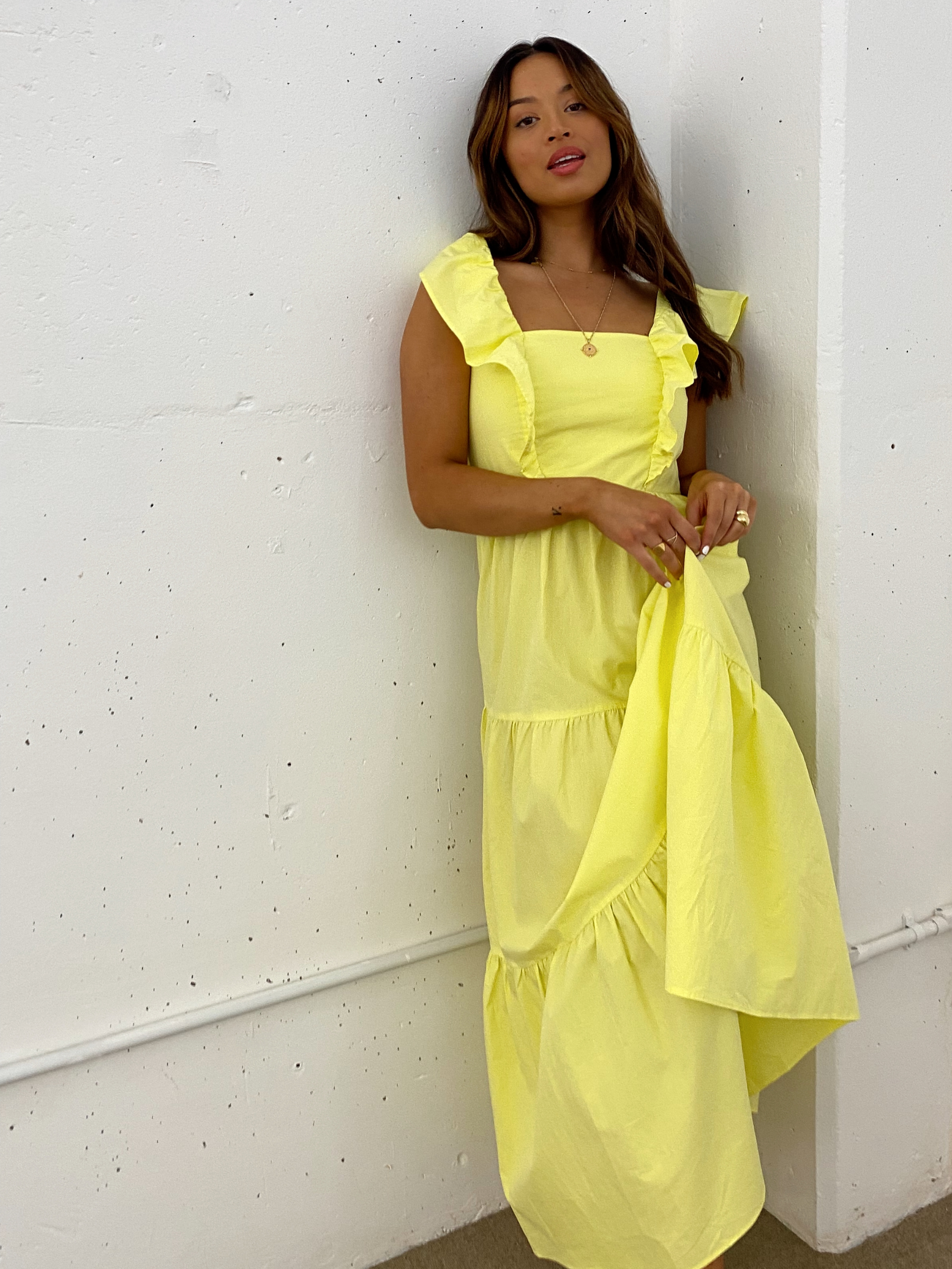 Mollie Cotton Ruffle Tiered Midi Dress /  Yellow
