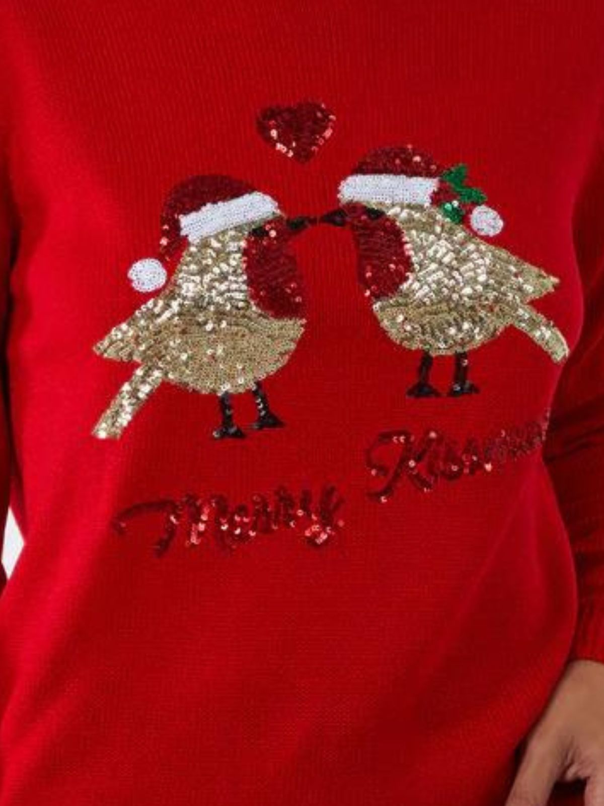 'Merry Kissmas' Robins Sequin Jumper / Red