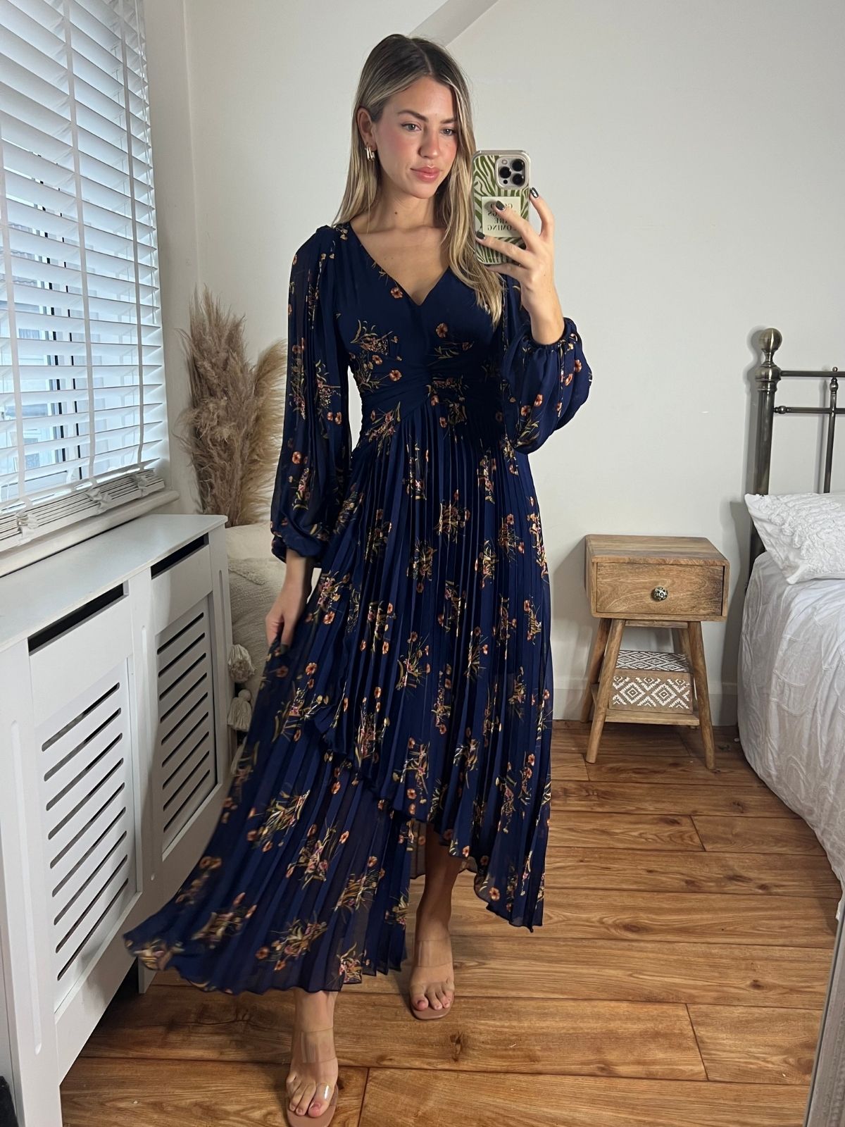 Navy blue floral dress hotsell with sleeves