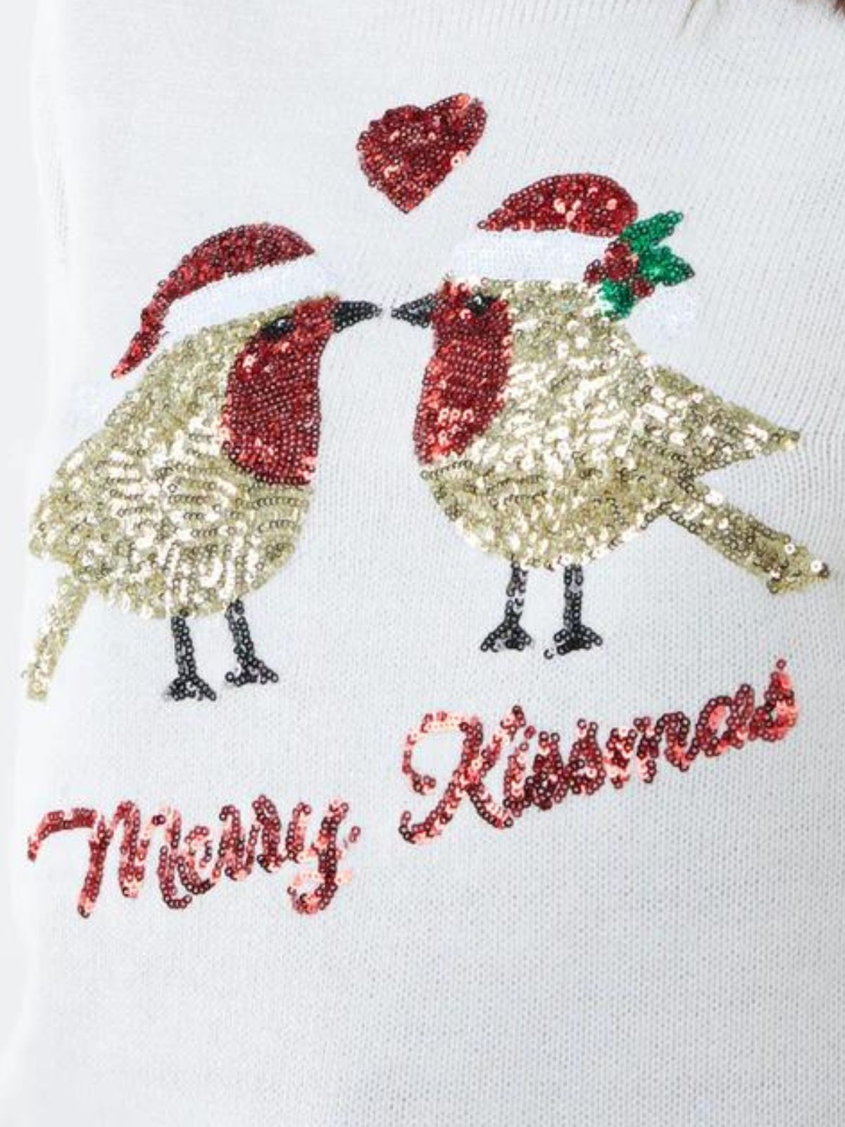 'Merry Kissmas' Robins Sequin Jumper / Cream