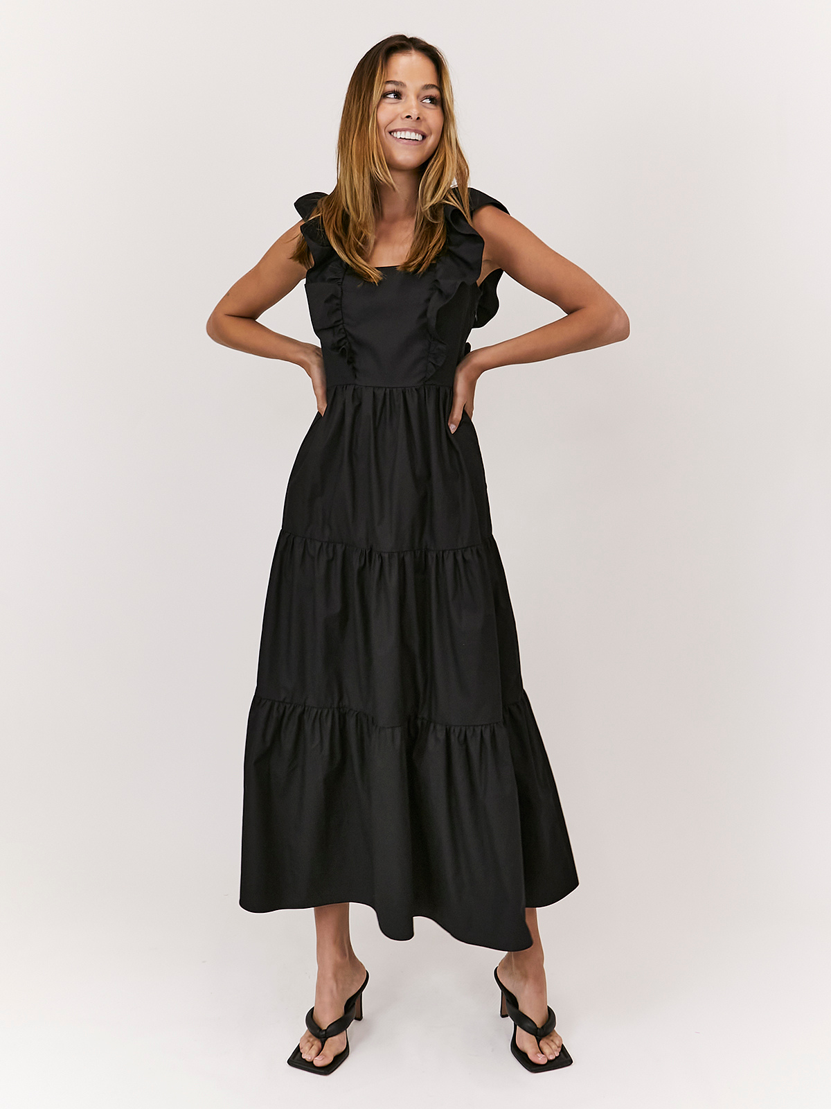 Mollie Cotton Ruffle Tiered Midi Dress /  Black