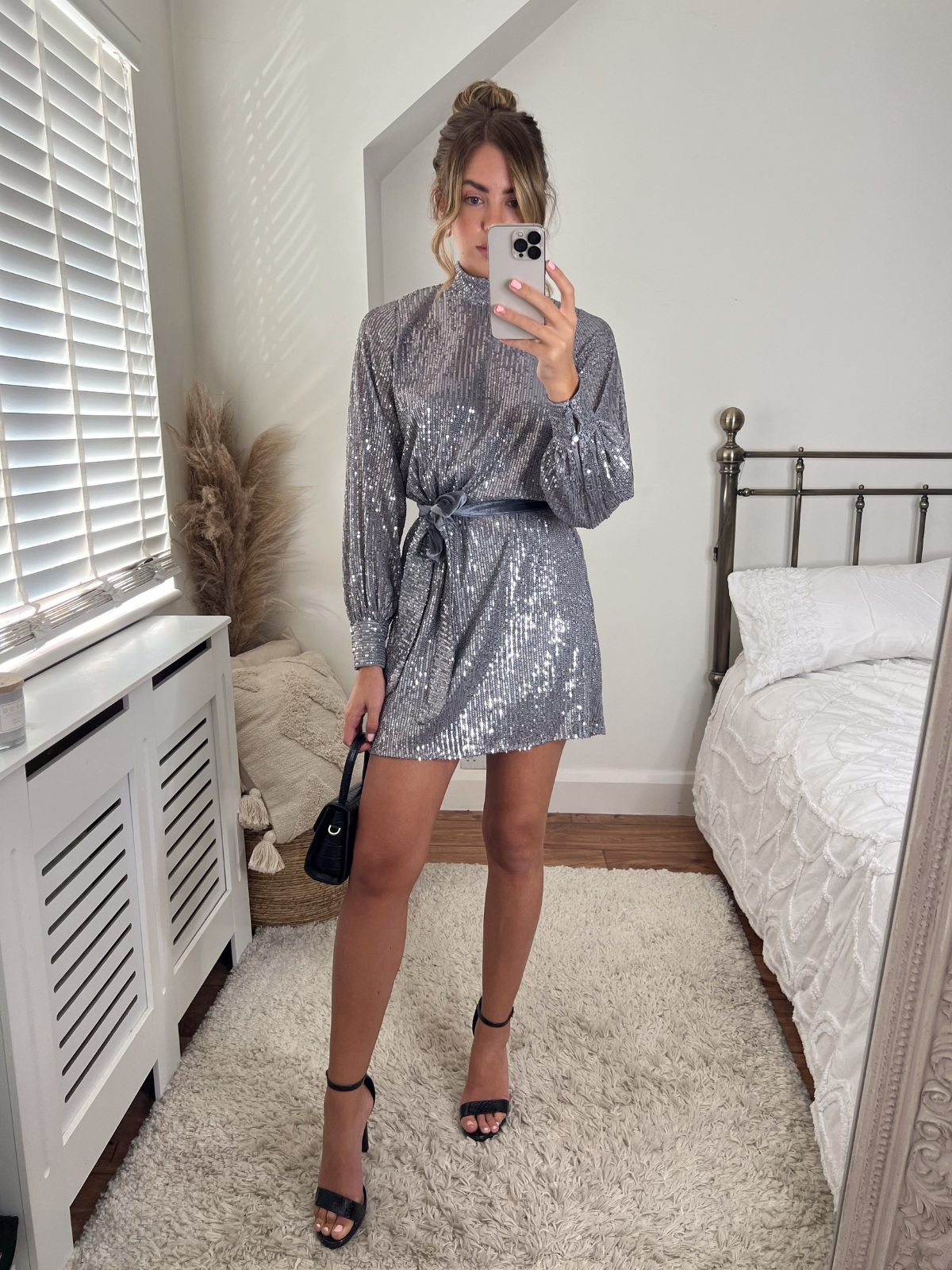 Hannah Sequin High Neck Mini Dress / Silver