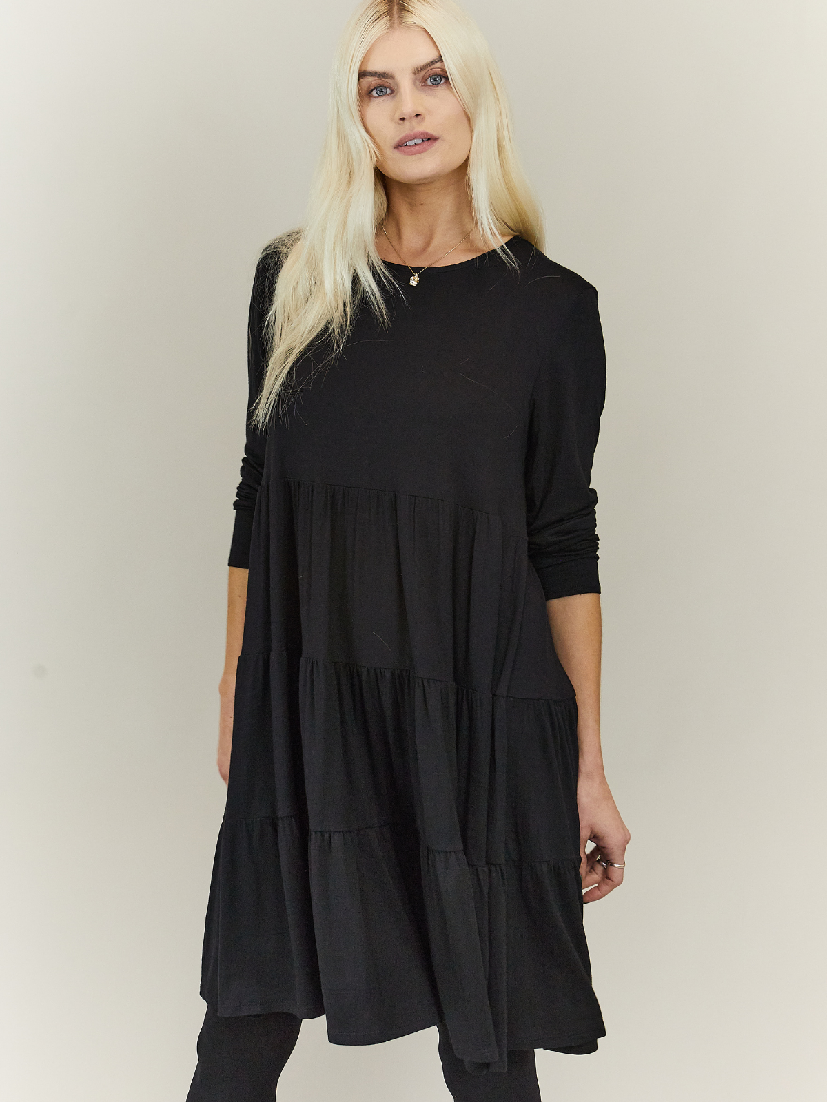Stef Tiered Jersey Smock Dress Black