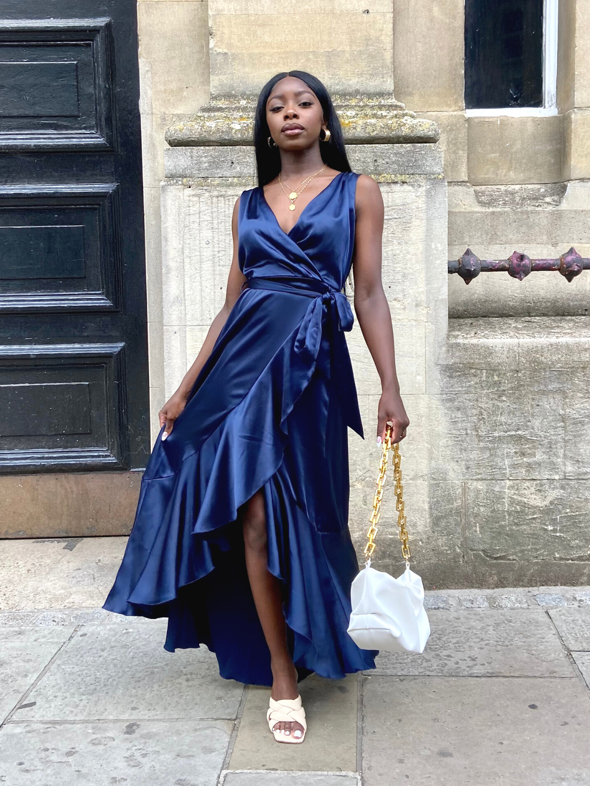 Navy blue top satin wrap dress