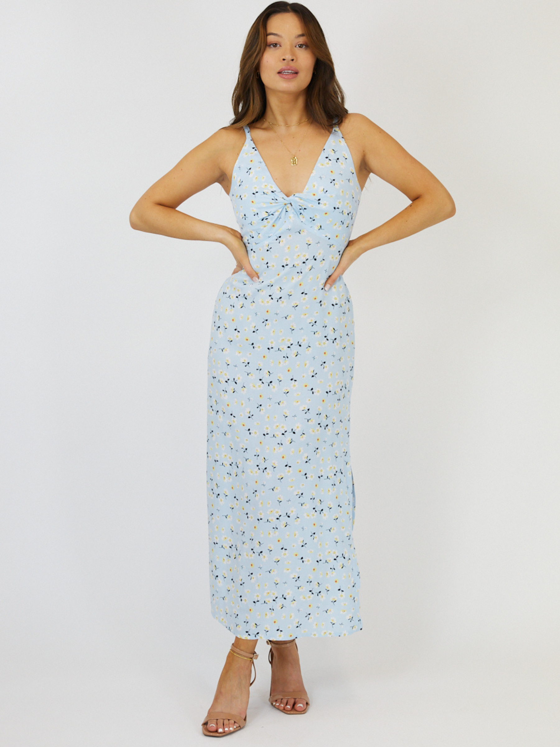 Bria Floral Knot Front Slip Dress in Blue Ditsy