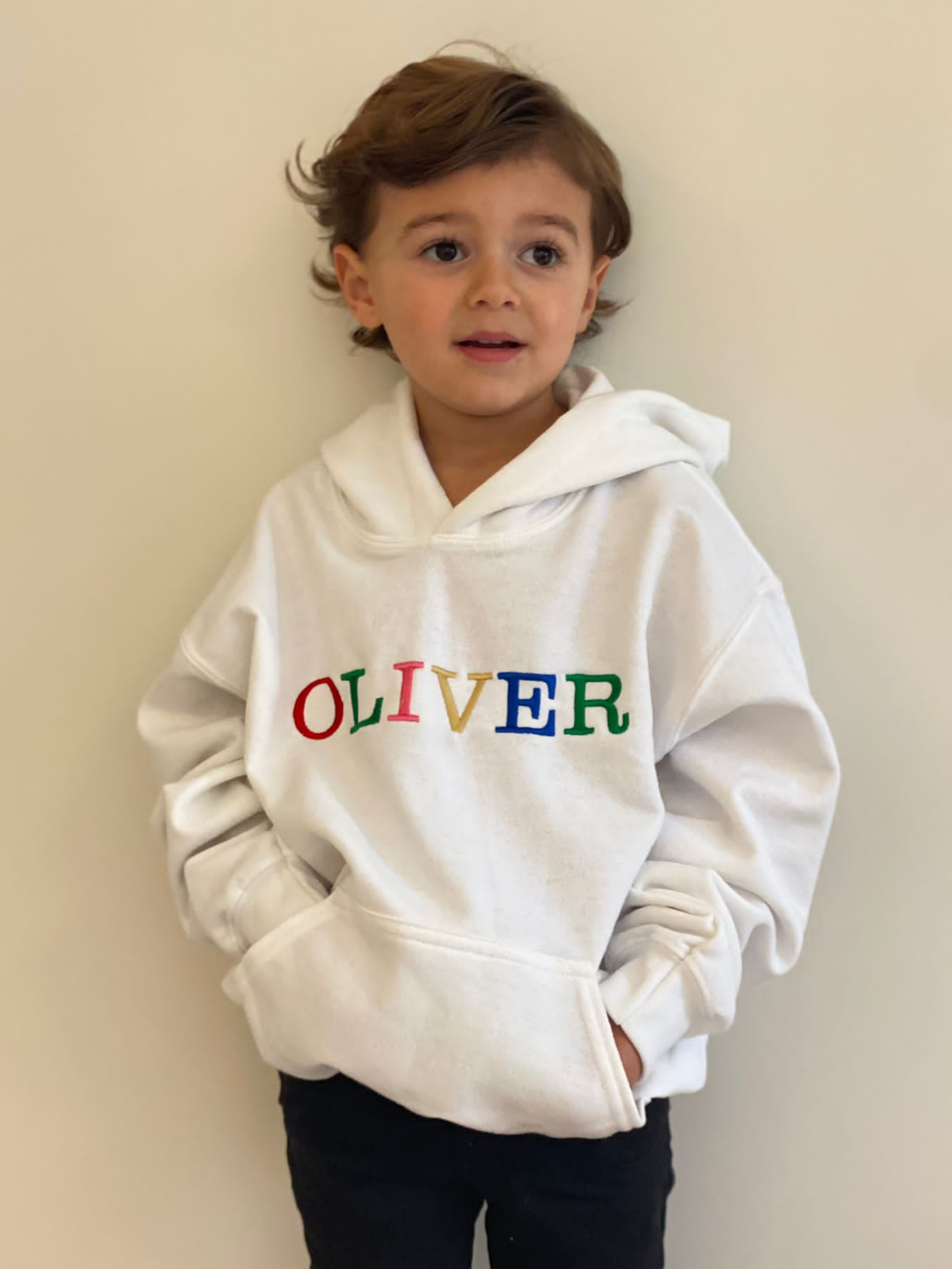 Toby Children's Unisex Multicoloured Text Personalised Hoodie / White