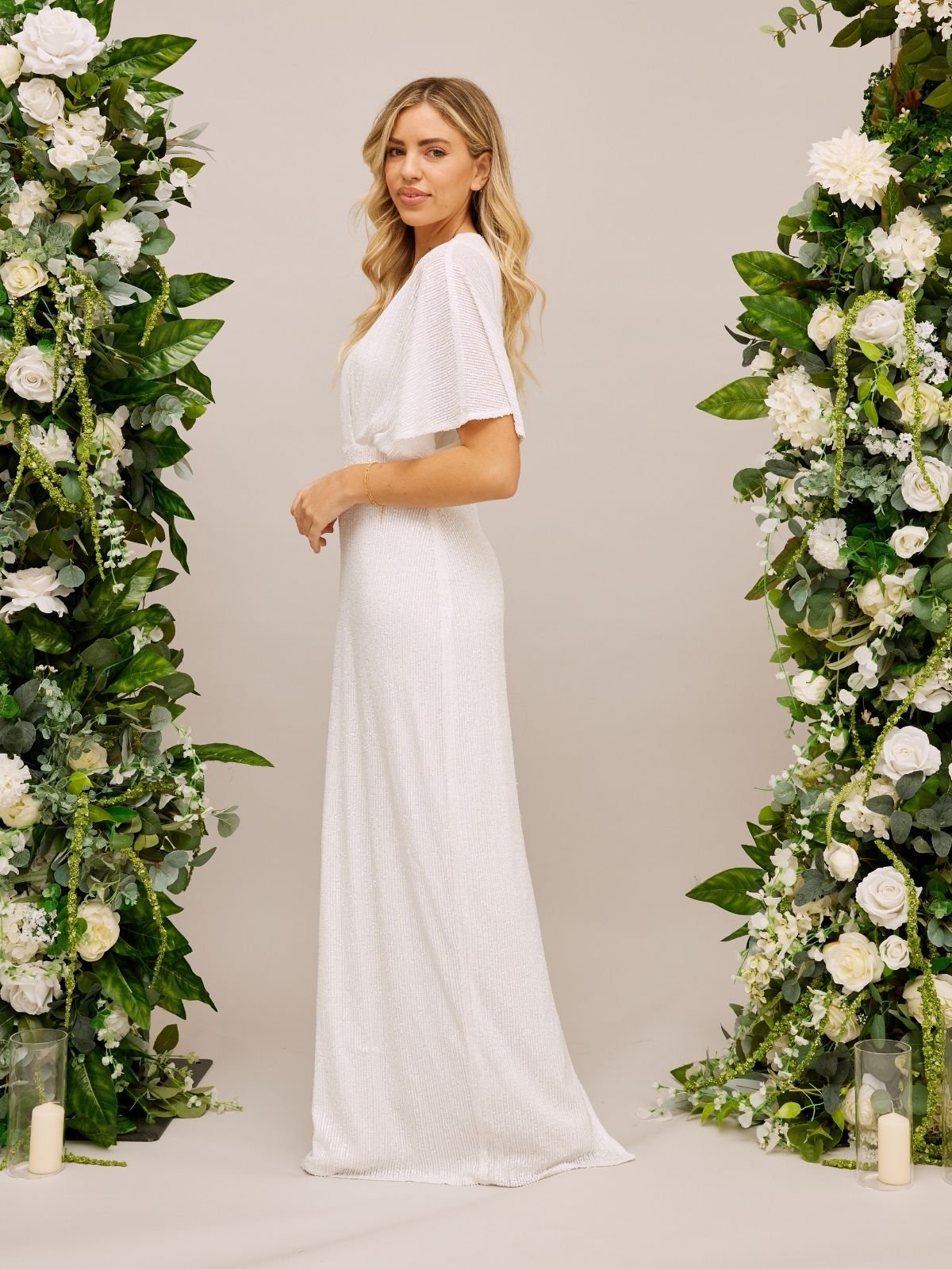 angel white dress Angel Sleeve Sequin Maxi Bridal Dress / White Sequin – Style Cheat