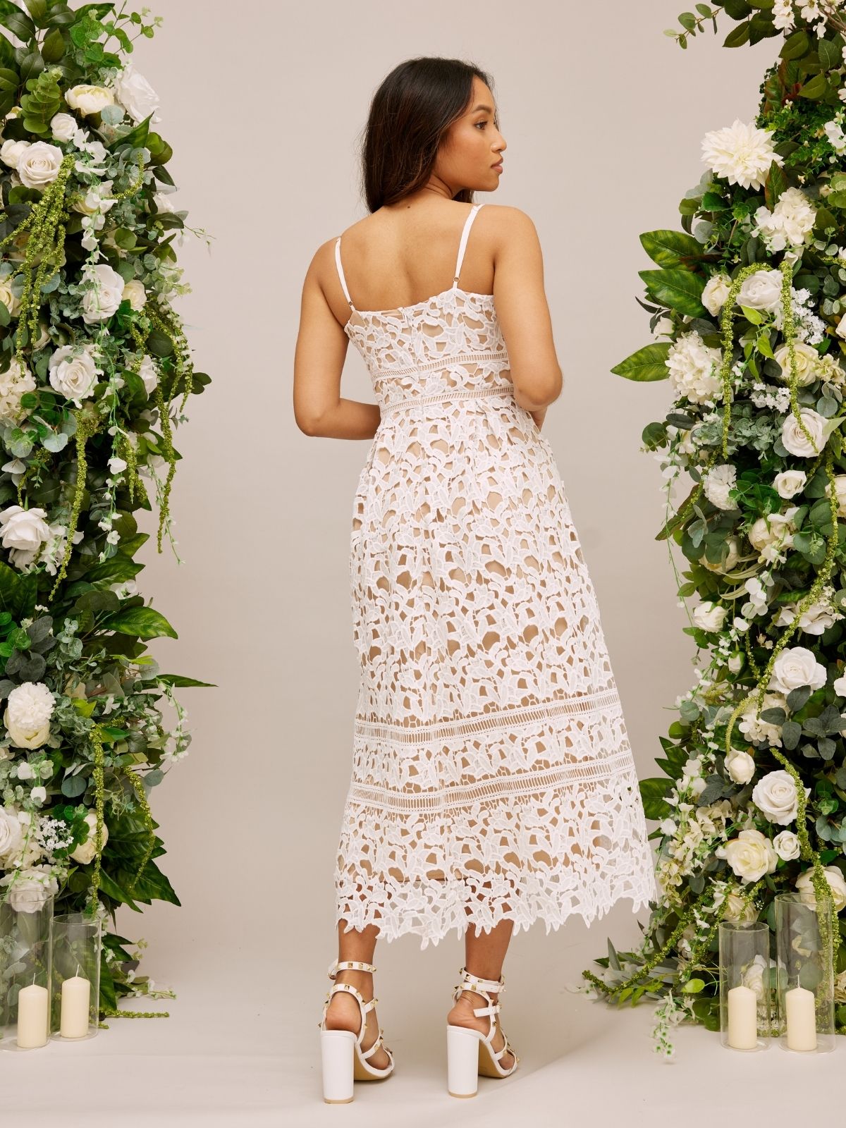 Lace Strappy Midi Bridal Dress / White