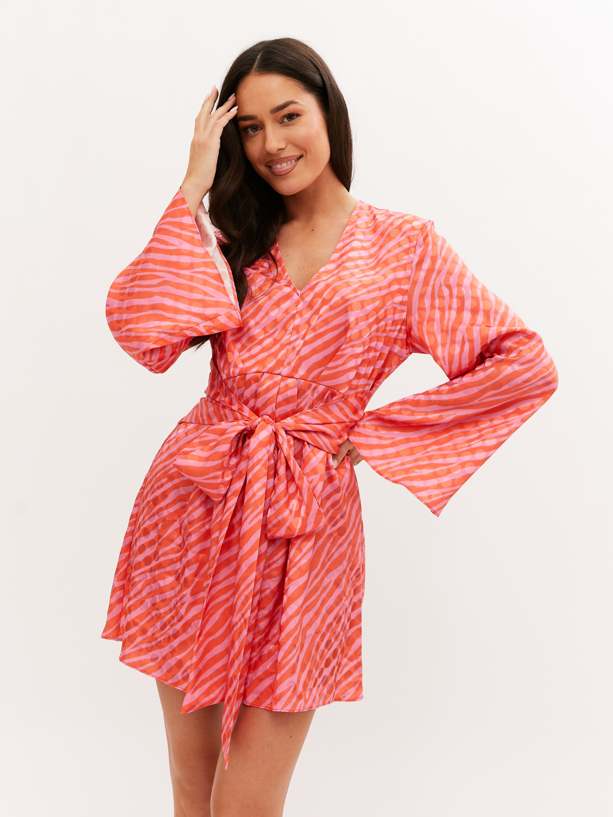 Lois Tie Front Jacquard Dress in Pink and Red