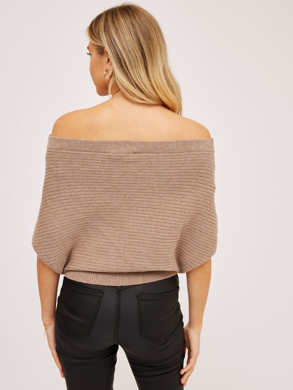 Ashleigh Knitted Off-Shoulder Top Beige Marl – Style Cheat