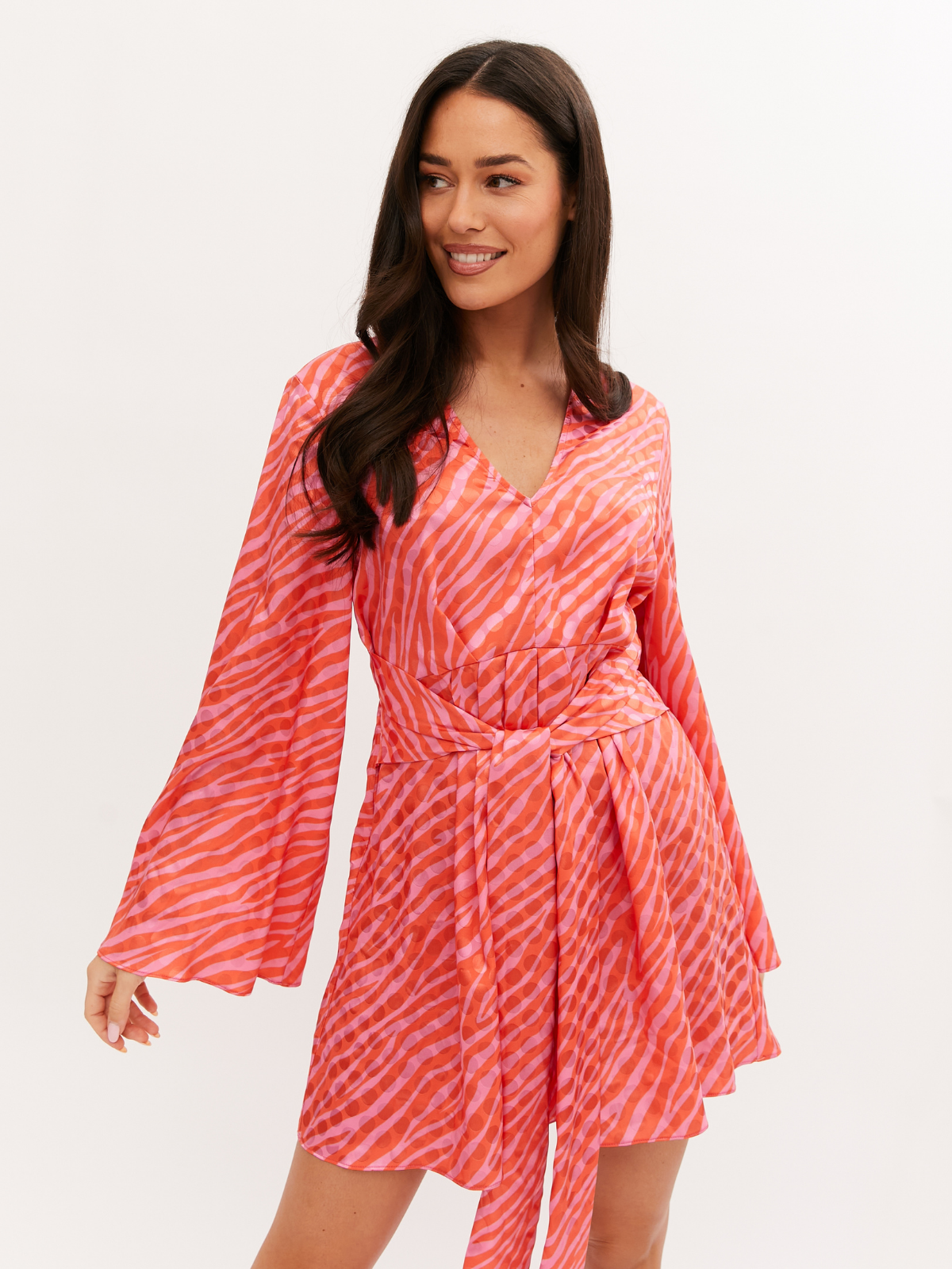 Lois Tie Front Jacquard Dress in Pink and Red