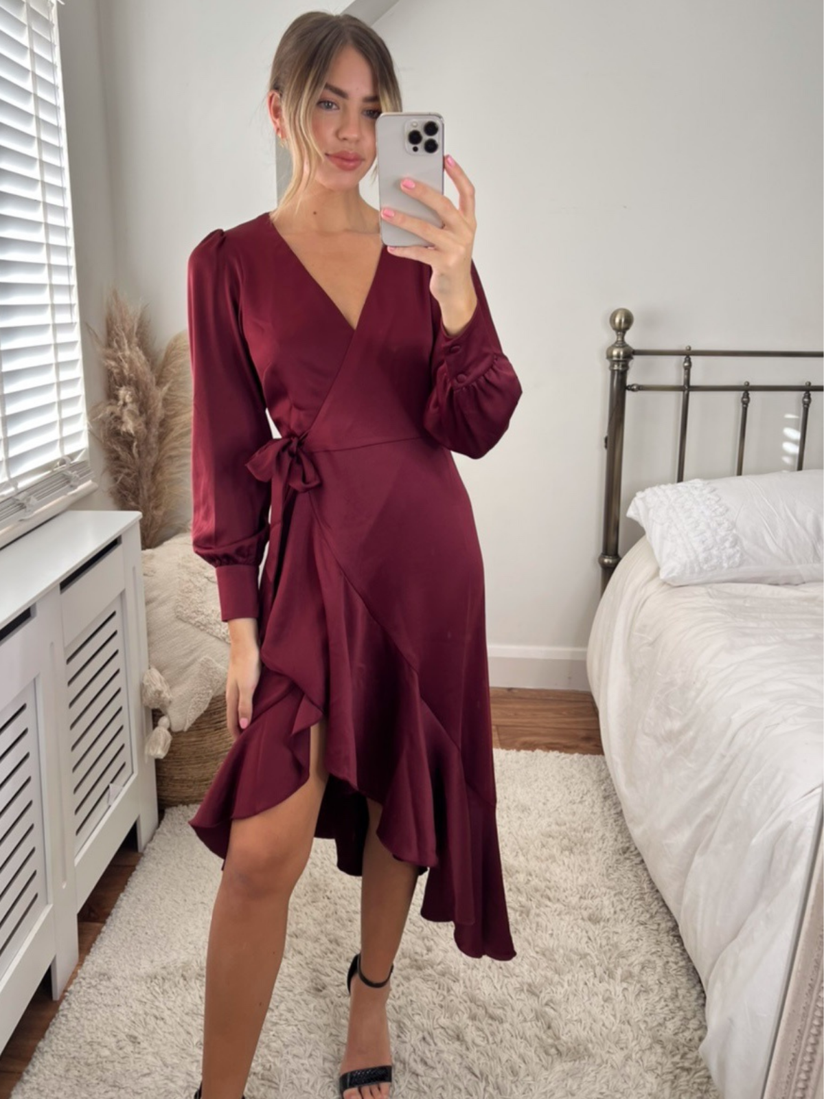 Burgundy wrap online midi dress