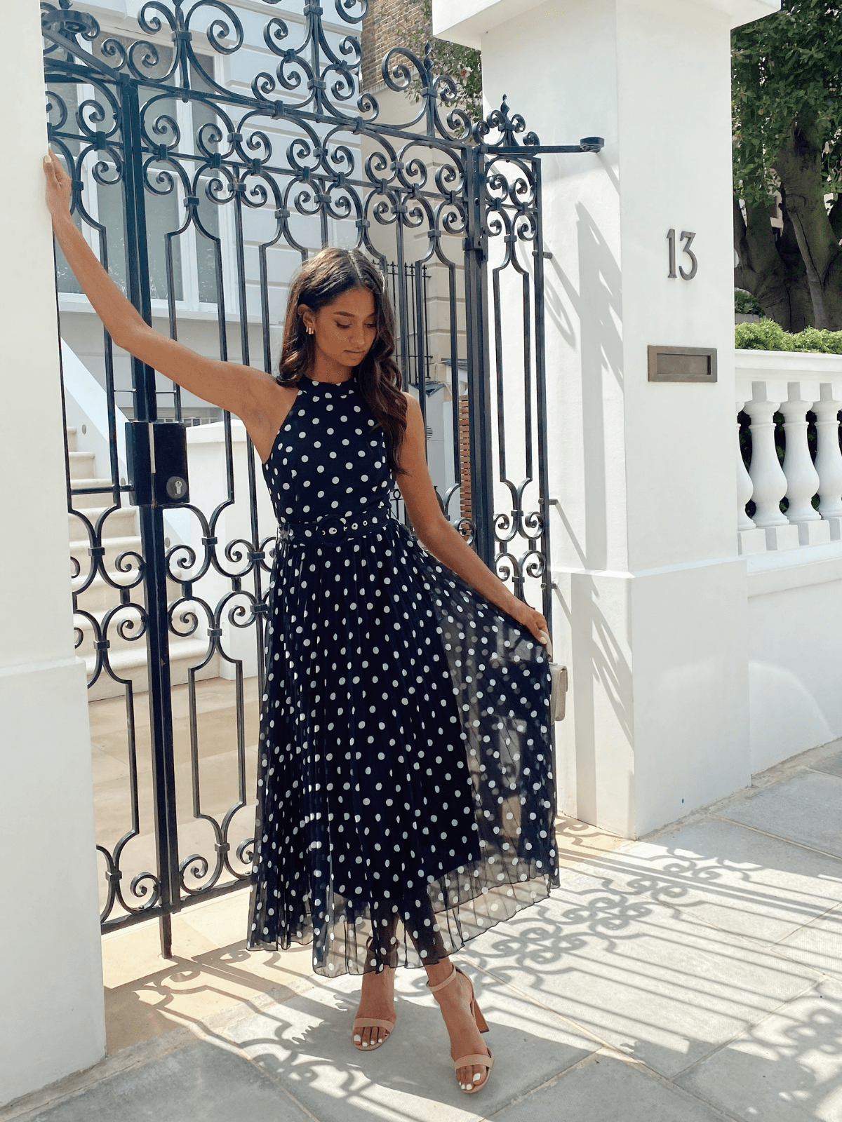 Polka Dot Navy And White Outfits For Ladies Mono Spot Pleated Maxi