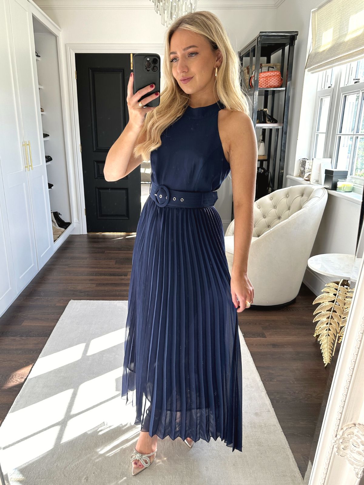 Petite Blue Maxi Dress | Luisa Belted Pleated Maxi Dress in Navy