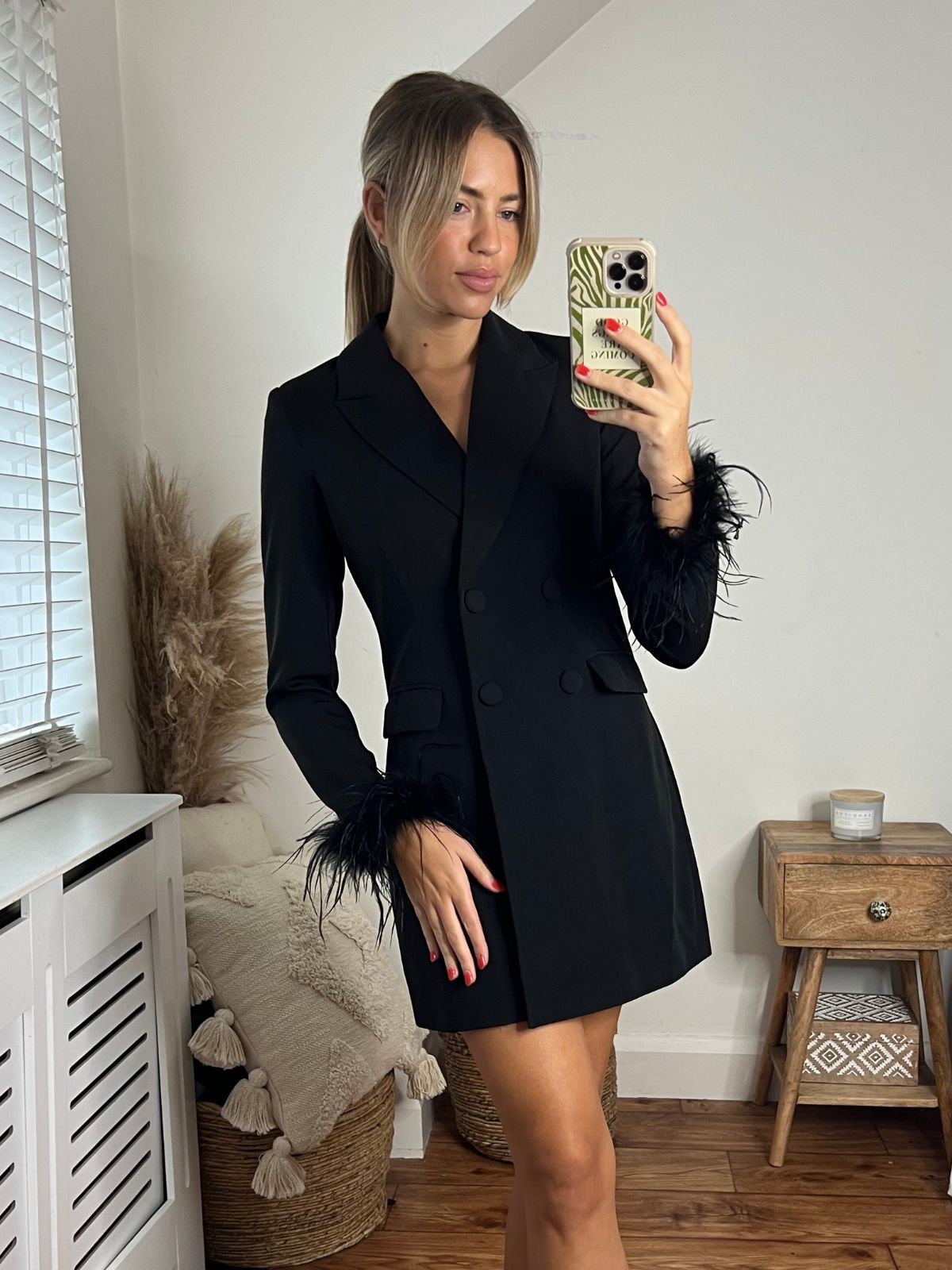 Alicia Feather Cuff Blazer Dress in Black