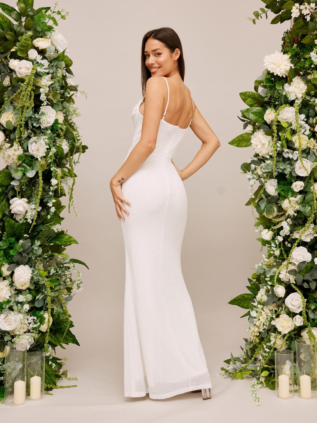 Sequin Cowl Neck Slip Maxi Bridal Dress / White