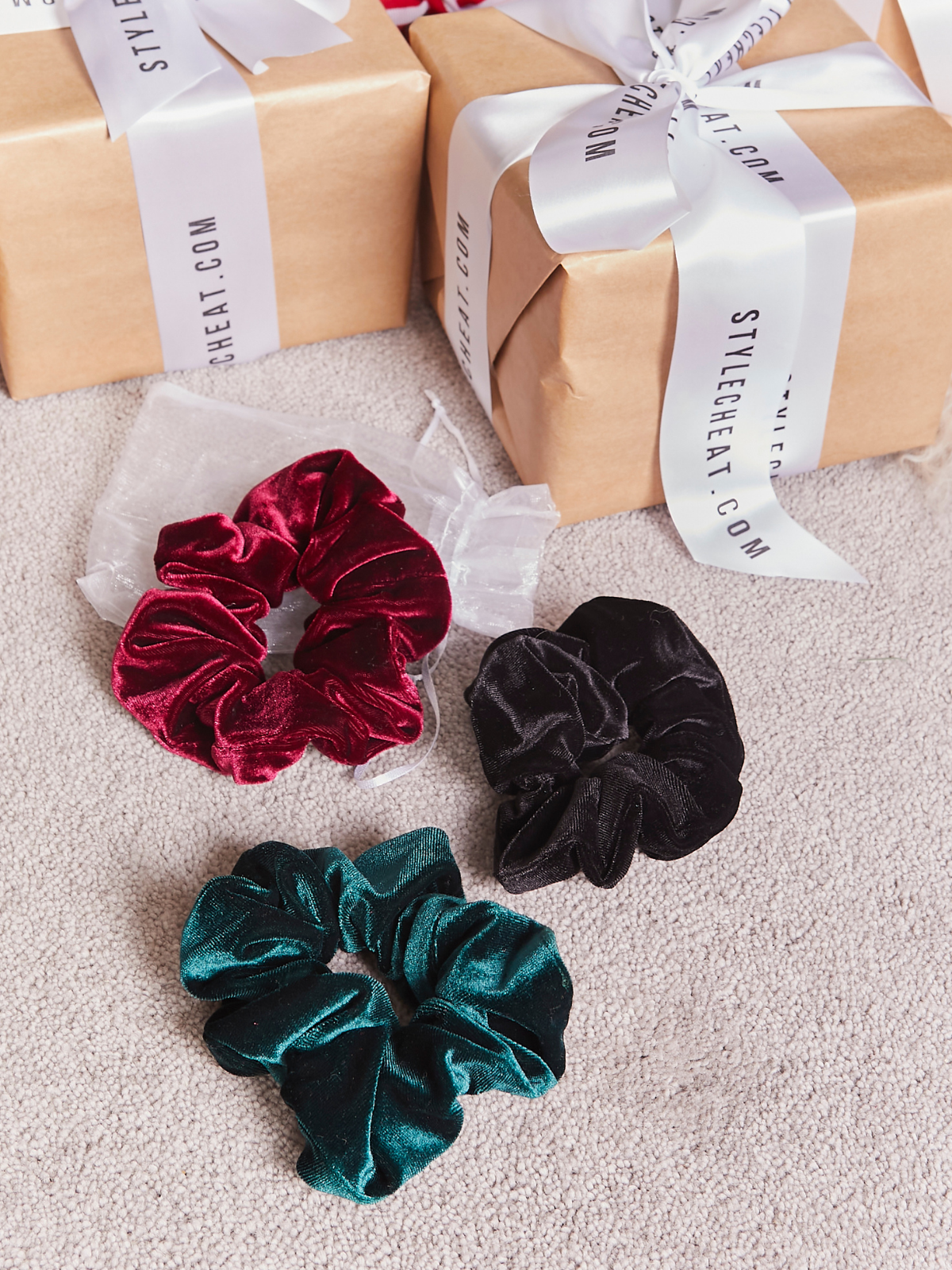 Pack Of 3 Velvet Scrunchies - Ruby, Emerald & Black
