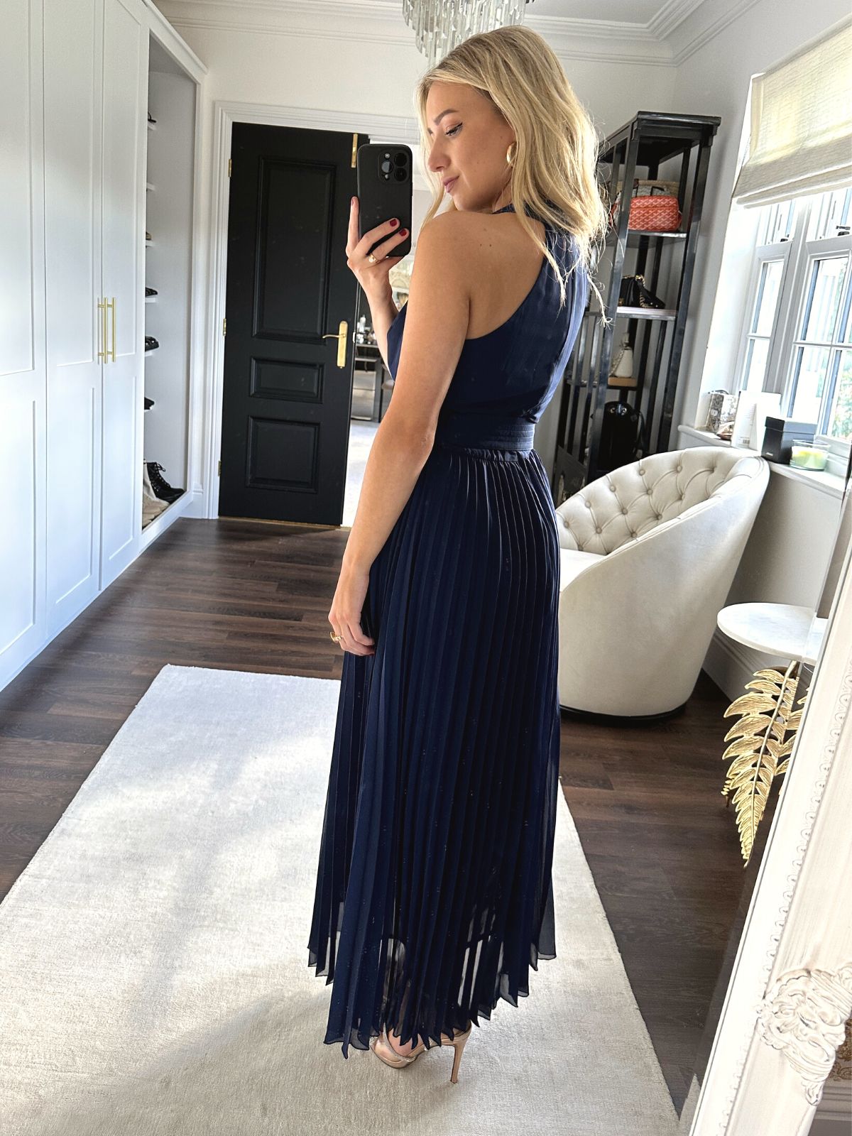 Petite Blue Maxi Dress | Luisa Belted Pleated Maxi Dress in Navy