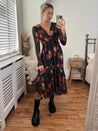 Dark Floral Dress | Birdie Frill Tie Back Dress in Orange and Khaki