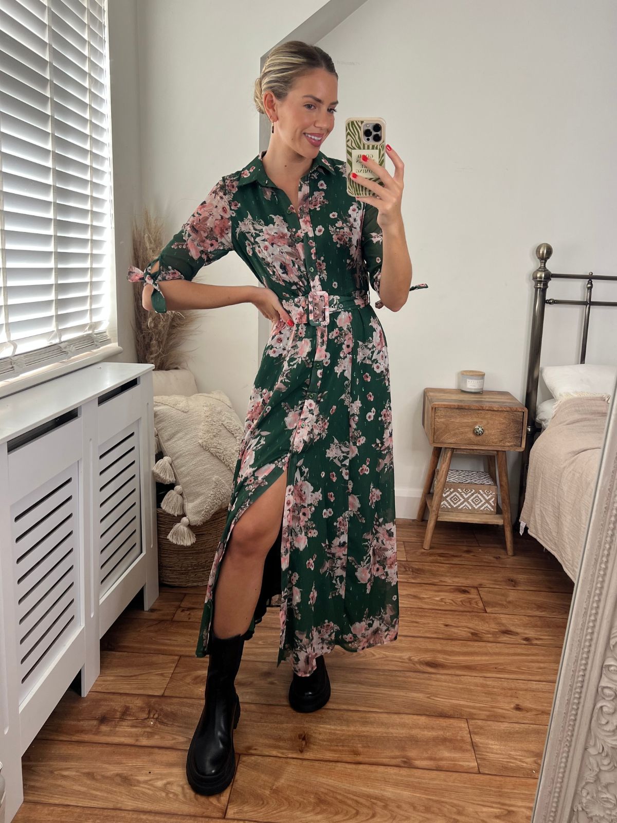 Green Long Sleeve Midi Shirt Dress | Miss Floral | SilkFred US