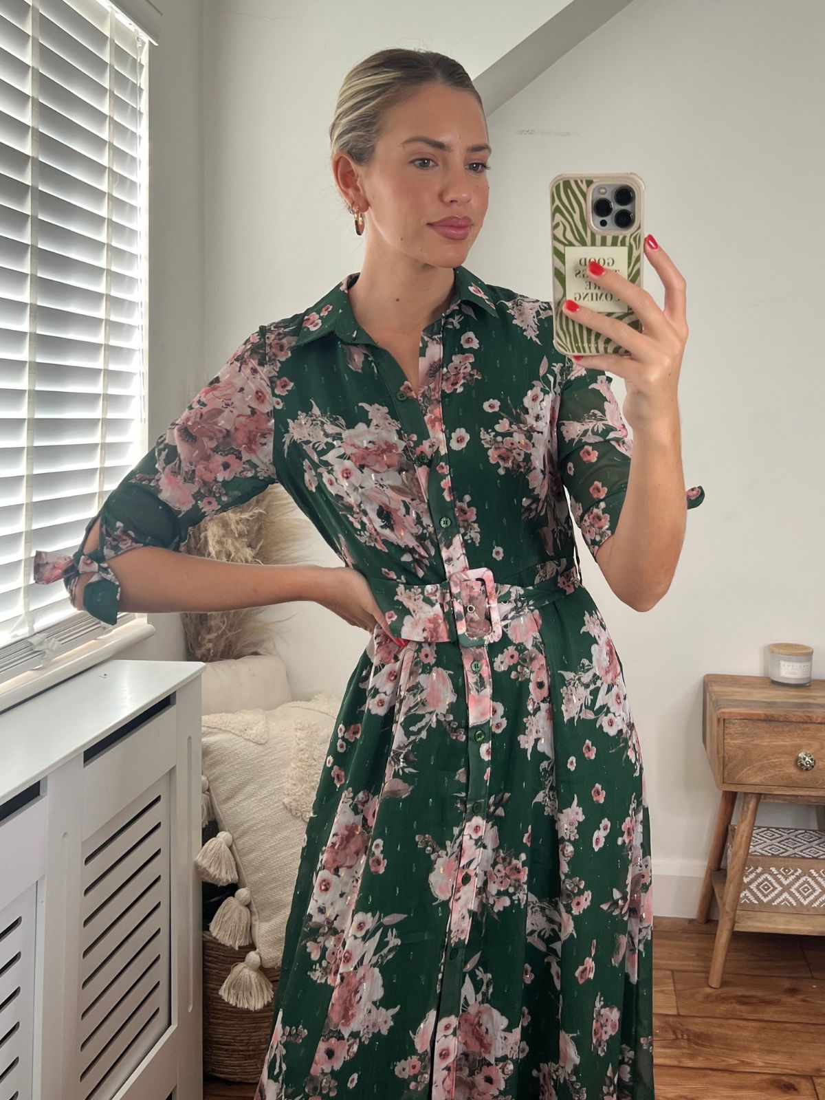 Daphne Belted Shirt Dress /  Green Floral Chiffon