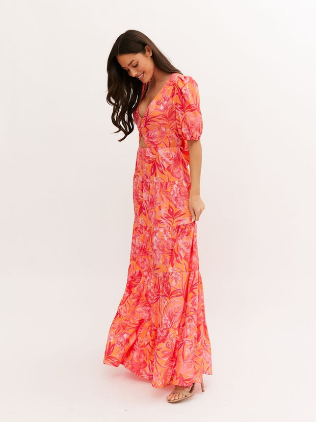 Pink and Orange Maxi Dress Zoe Tiered Cutout Maxi Dress in Palm