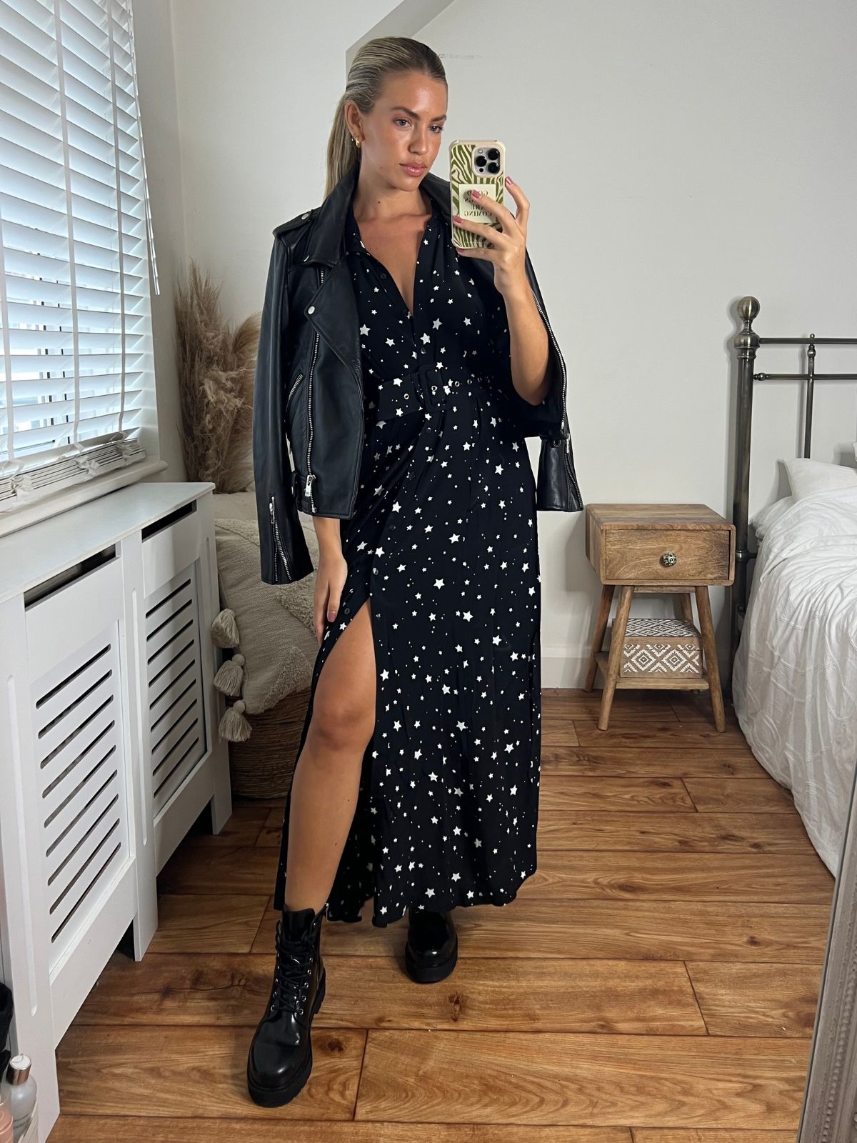 Daphne Belted Shirt Dress / Black and White Star Print