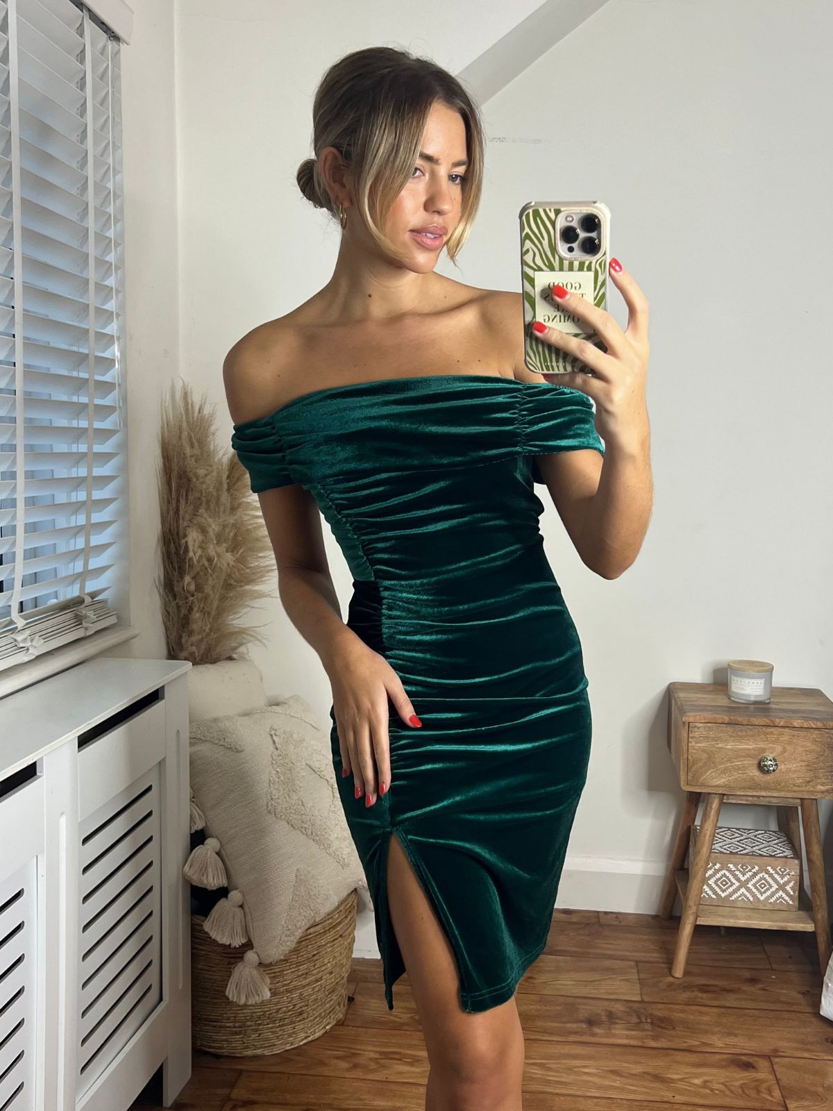 Esme Bardot Velvet Mini Dress in Green