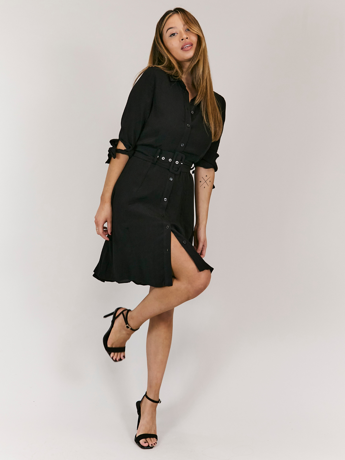 Olivia Mini Belted Shirt Dress / Black