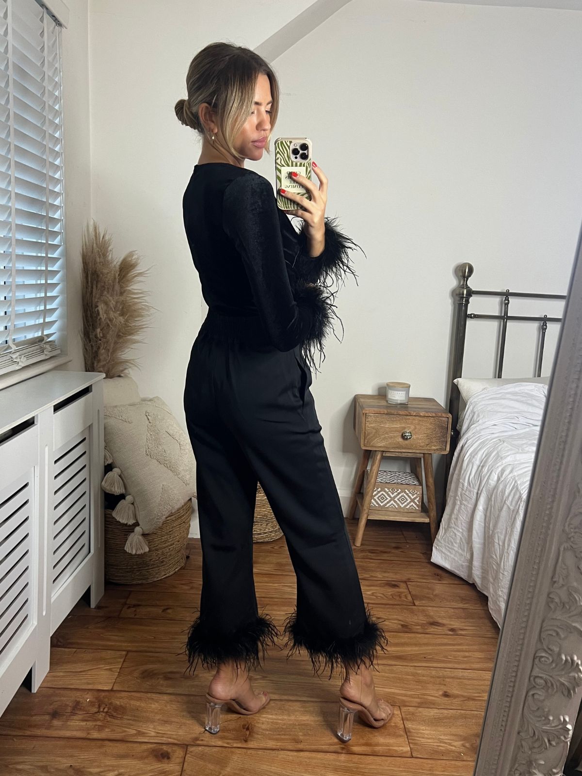 Annika Feather Cuff Bodysuit in Black