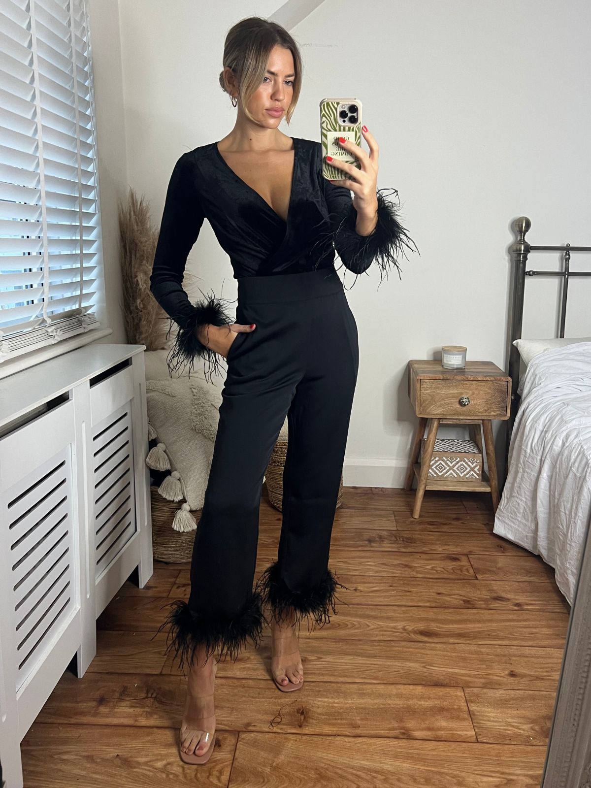 Annika Feather Cuff Bodysuit in Black