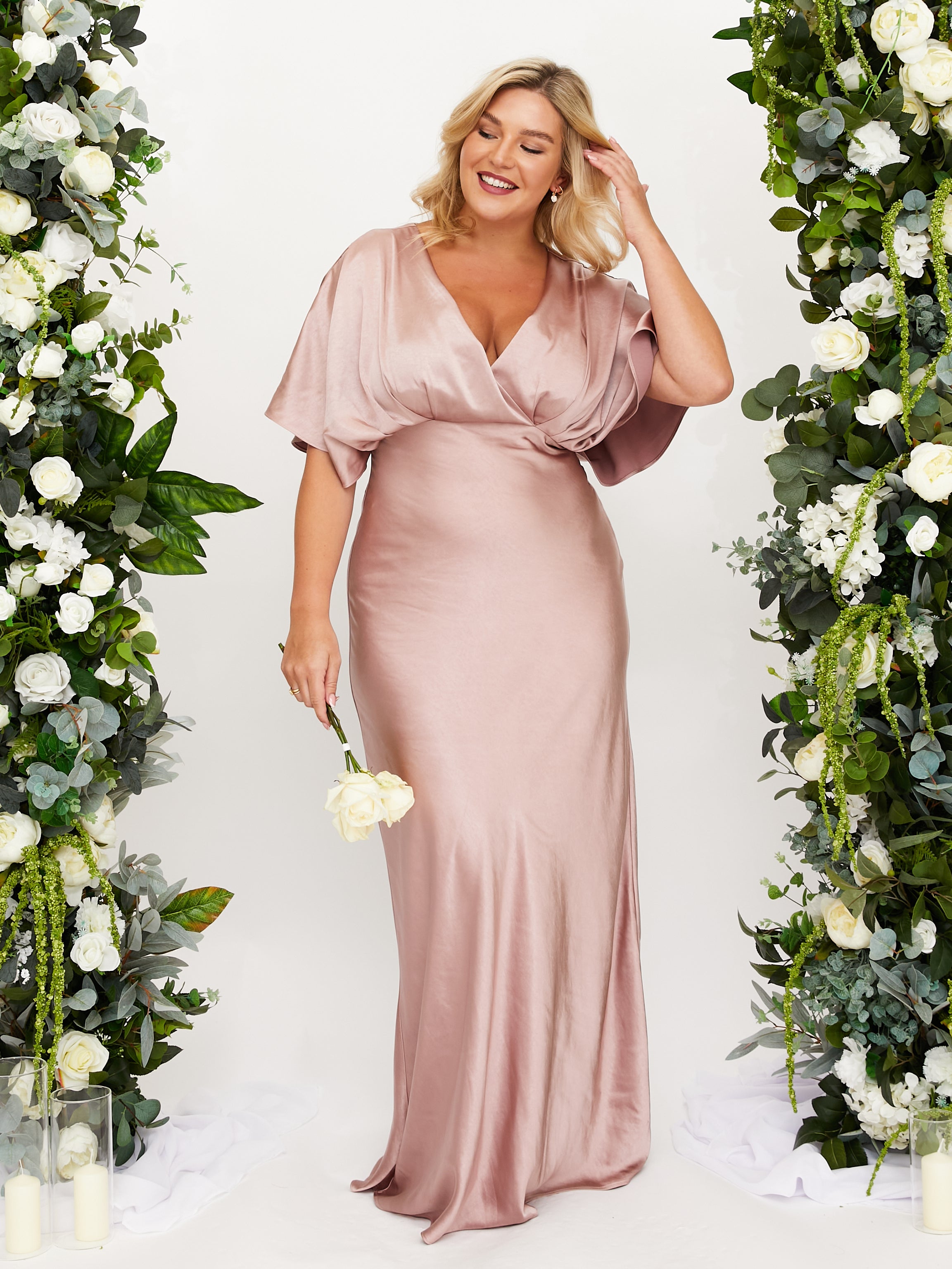 Pink Maxi Bridesmaid Dress  Angel Sleeve Satin Dress in Blush – Style Cheat