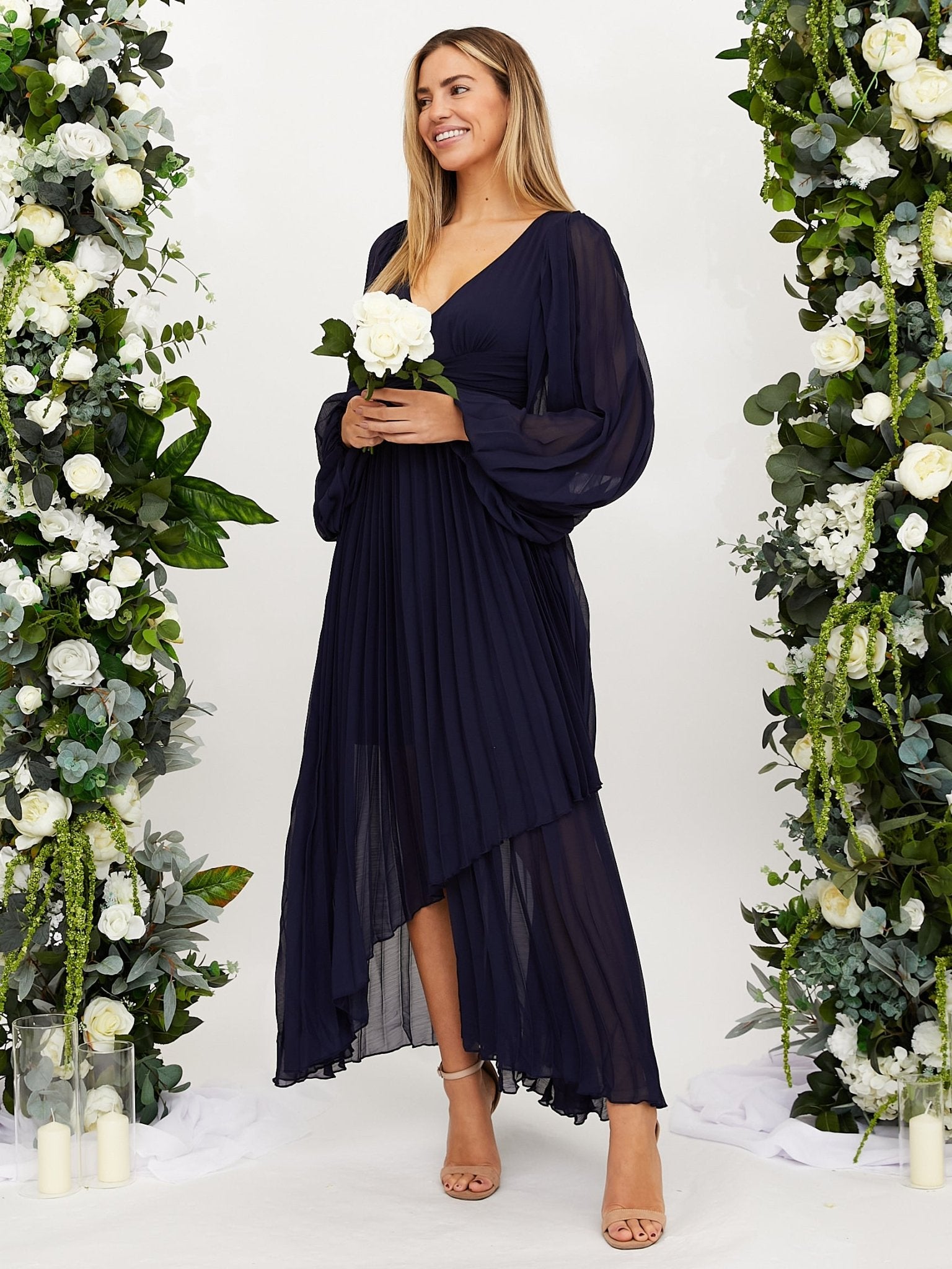 Navy Long Sleeve Maxi Dress Toni Pleated Maxi Dress – Style Cheat