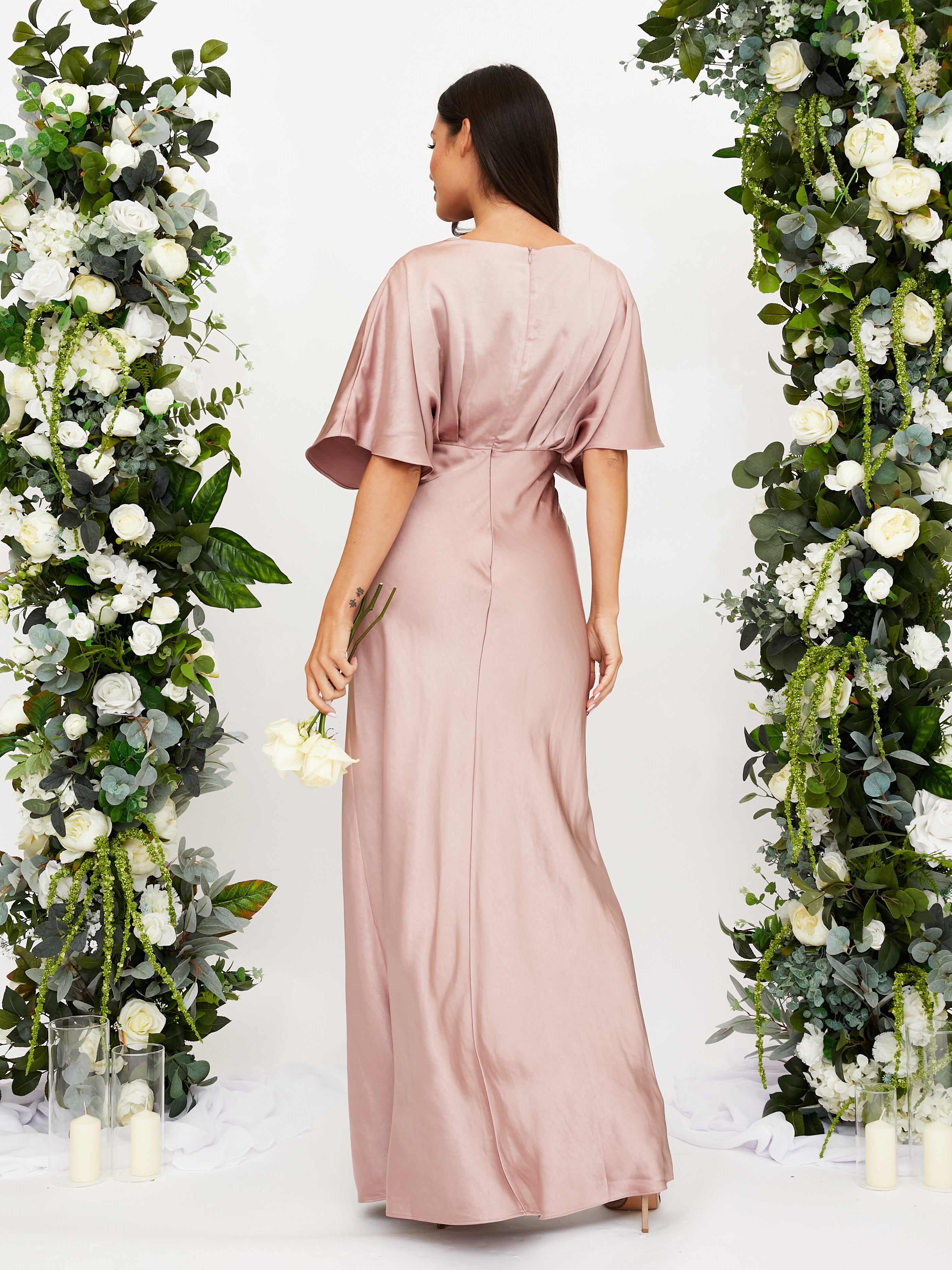 Pink Maxi Bridesmaid Dress Angel Sleeve Satin Dress in Blush Style Cheat