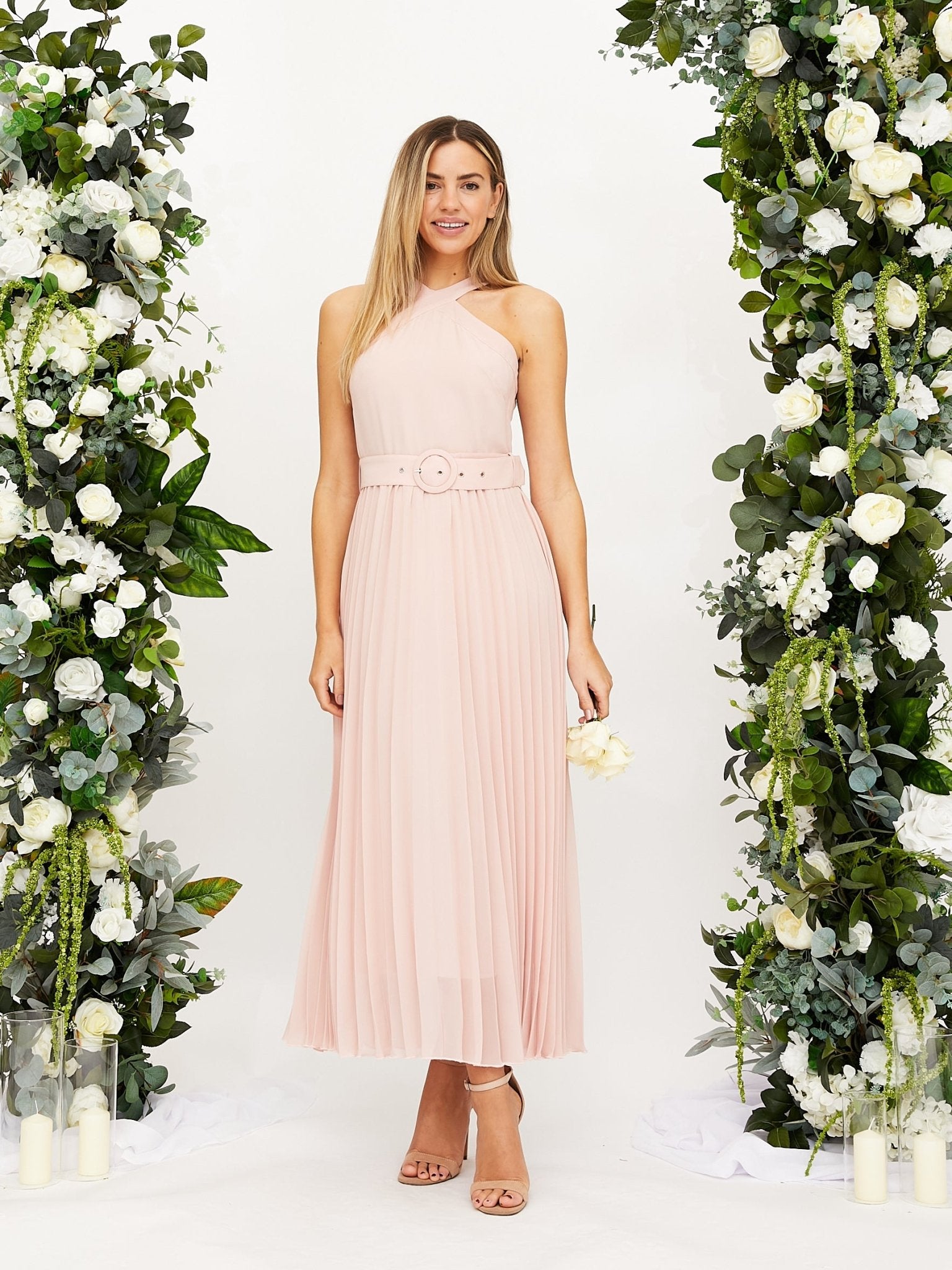 open lace back dress Pink Pleated Woven Maternity Midi Dress – PinkBlush