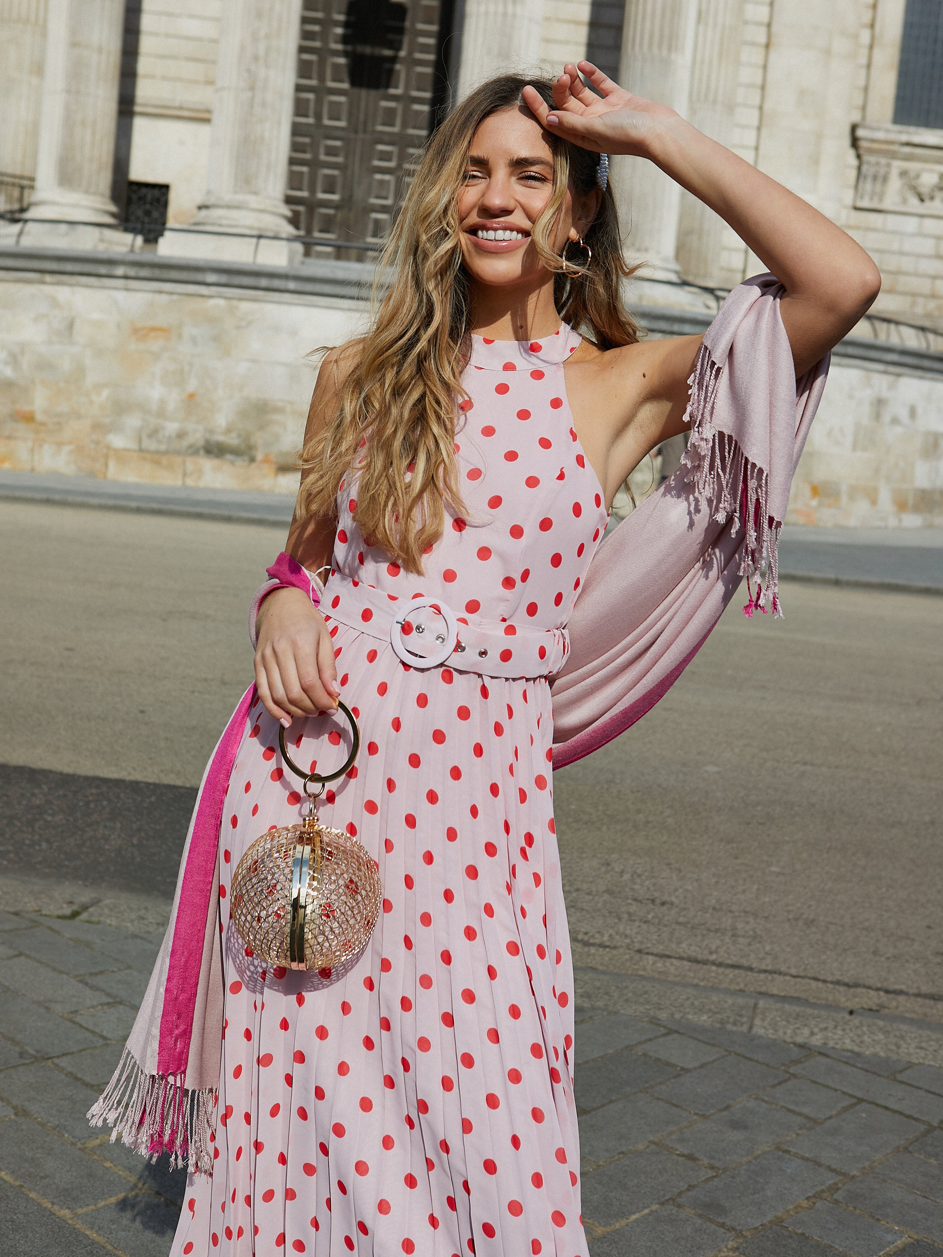 Luisa Belted Pleated Maxi Dress Pink And Red Spot Print