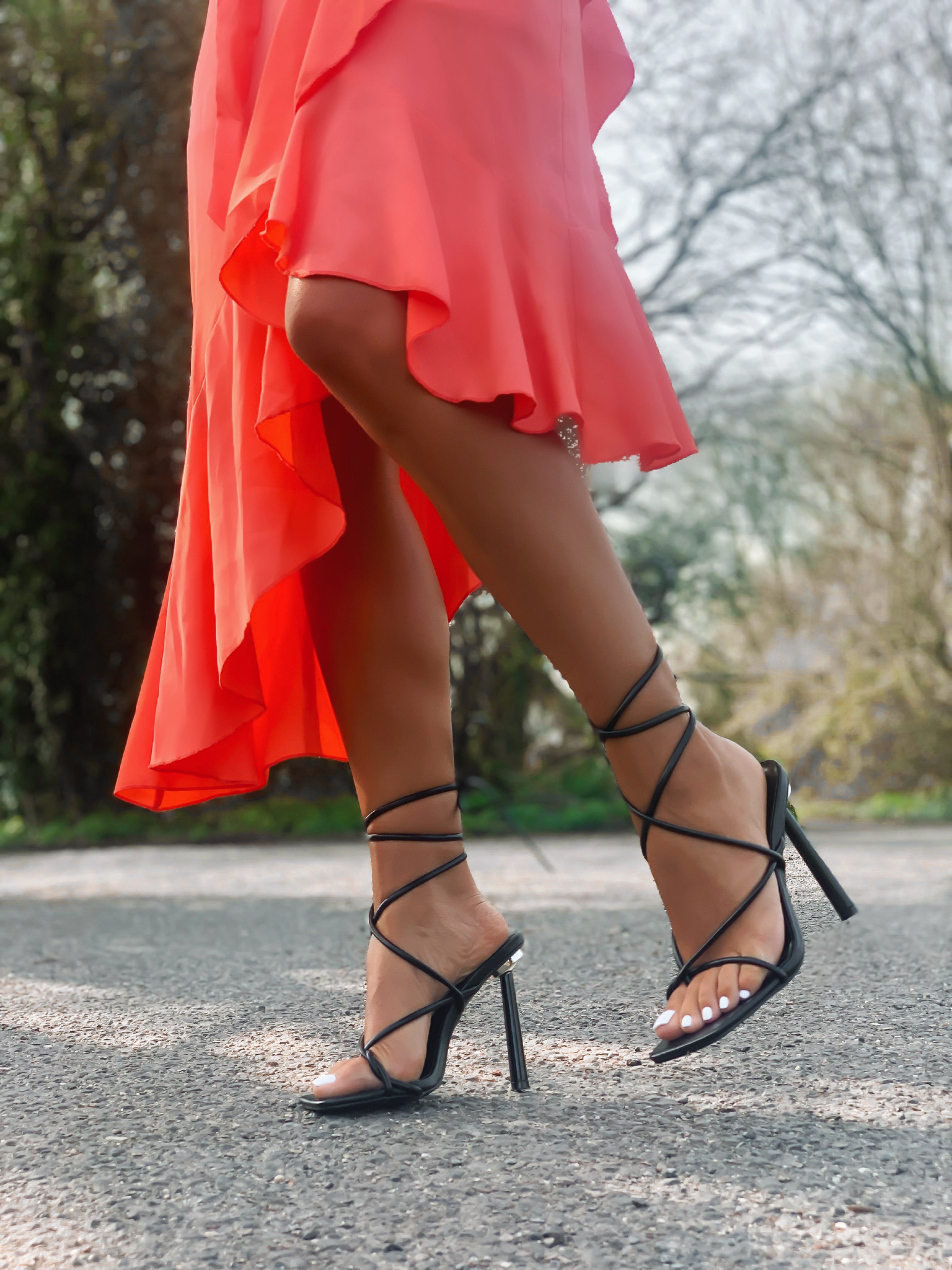 Black Strappy Lace Up Heels